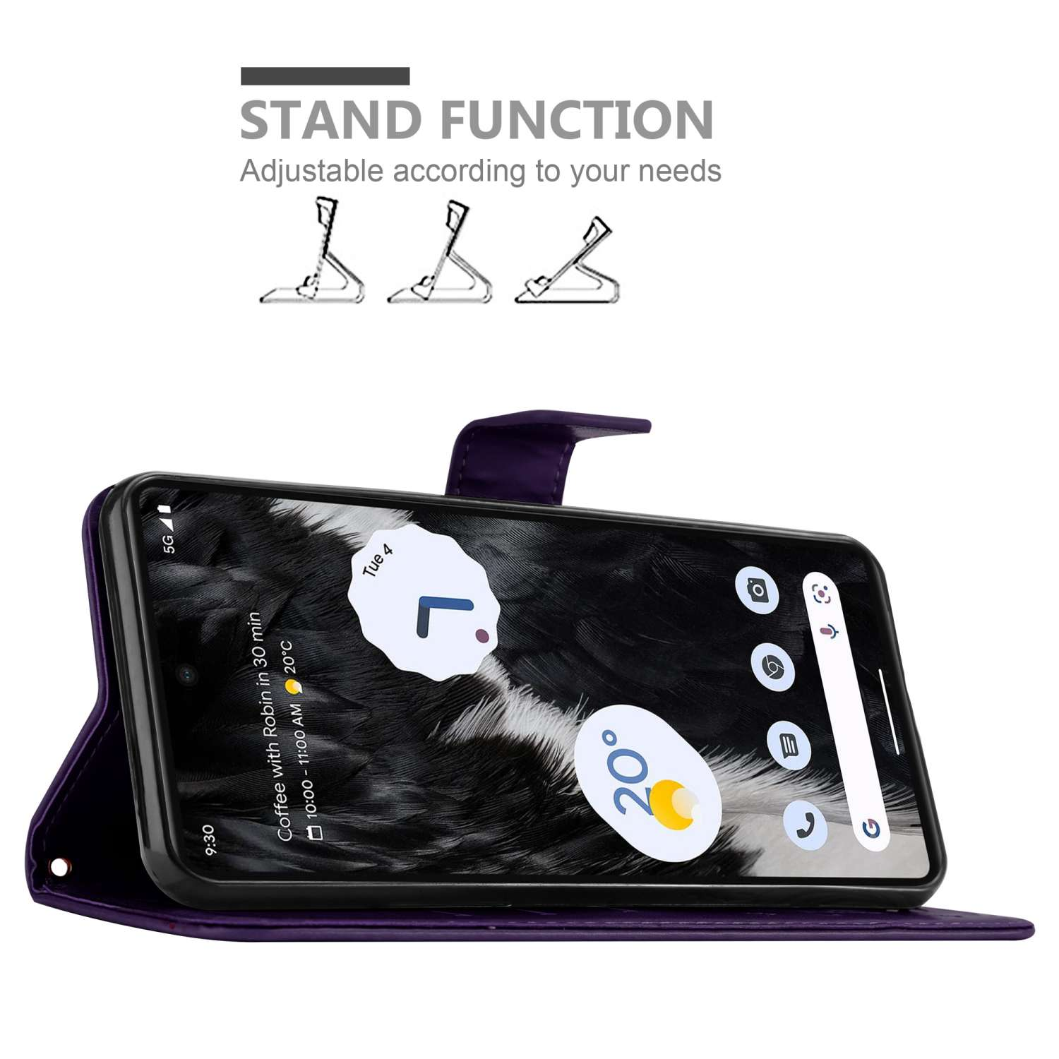 Un telefono in una custodia a portafoglio viola, mostrato ad angolo, lo schermo mostra un'app calendario.
