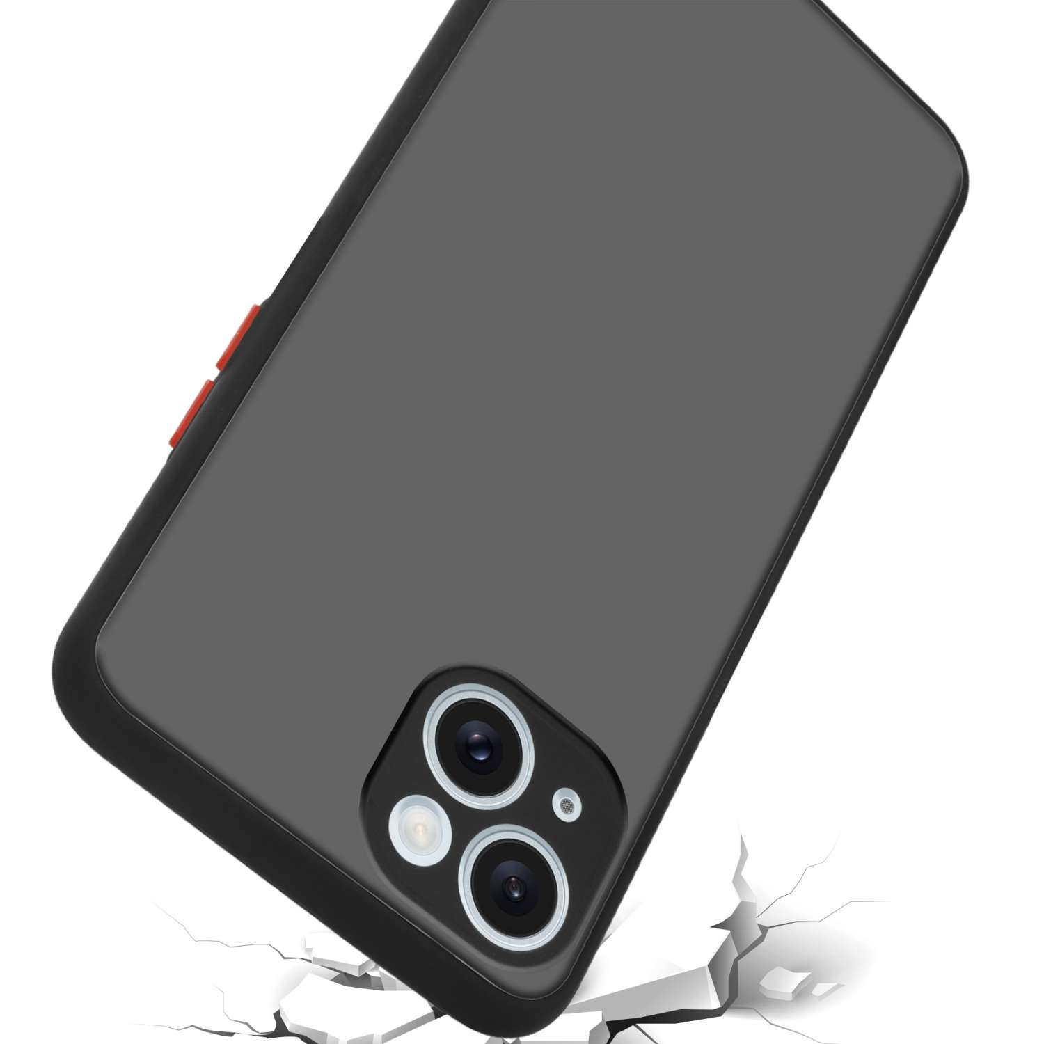 Una custodia nera per telefono cade su una superficie incrinata con la fotocamera rivolta verso l'alto.