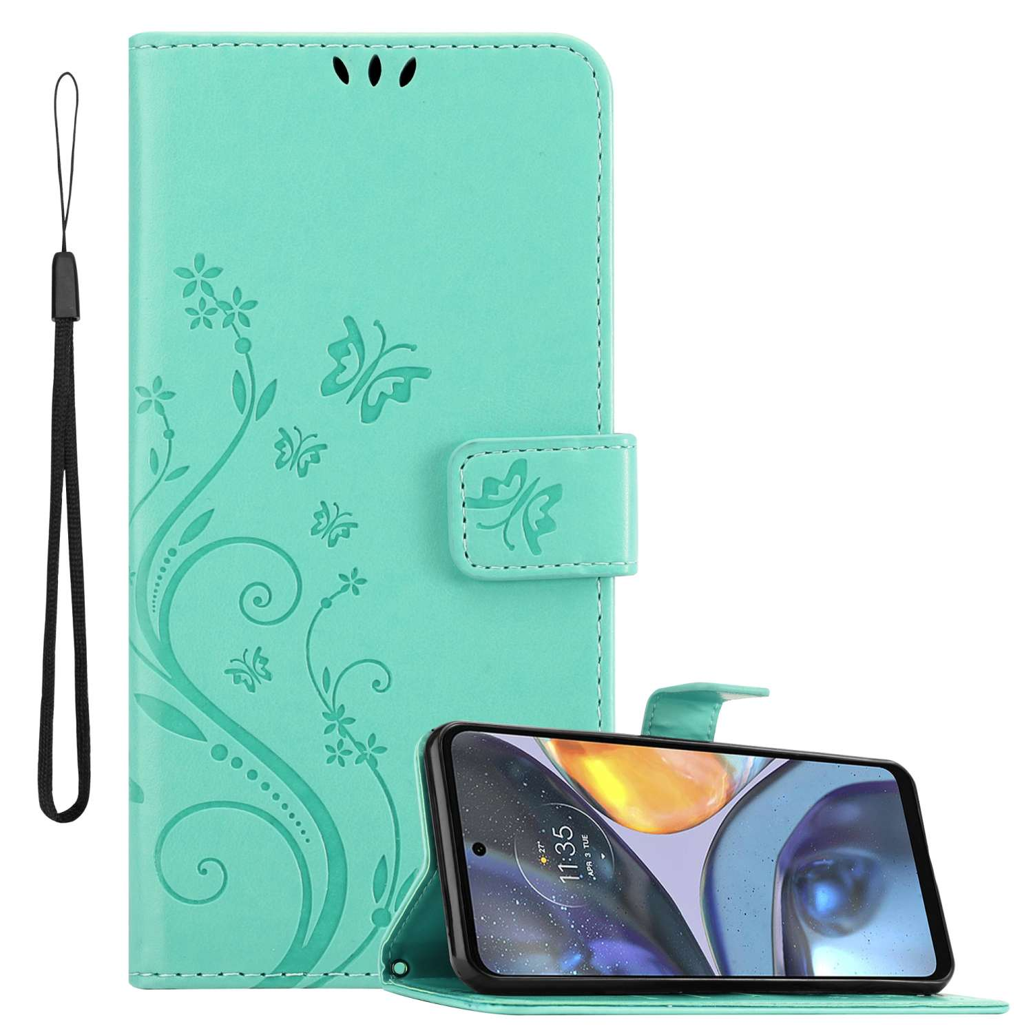 Una funda de teléfono verde azulado y un teléfono están sobre una superficie blanca. La funda está abierta.