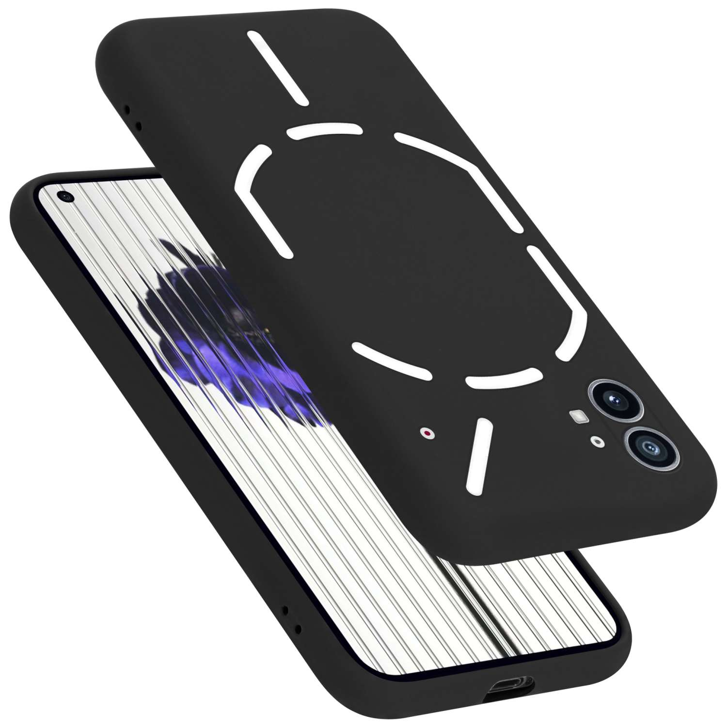 Schwarze Handyhülle mit weißen Details. Ein Telefon ist in der Hülle. Das Telefon hat einen weißen Umriss.