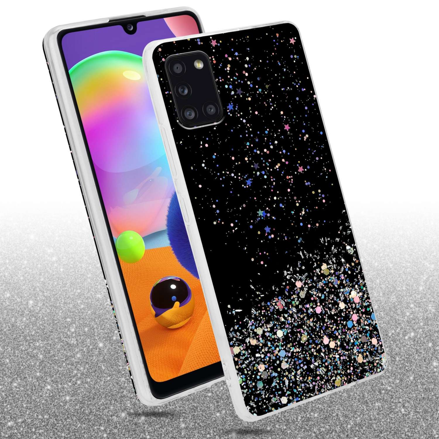 Custodia per telefono con design glitterato, un telefono e uno sfondo argentato sfocato.
