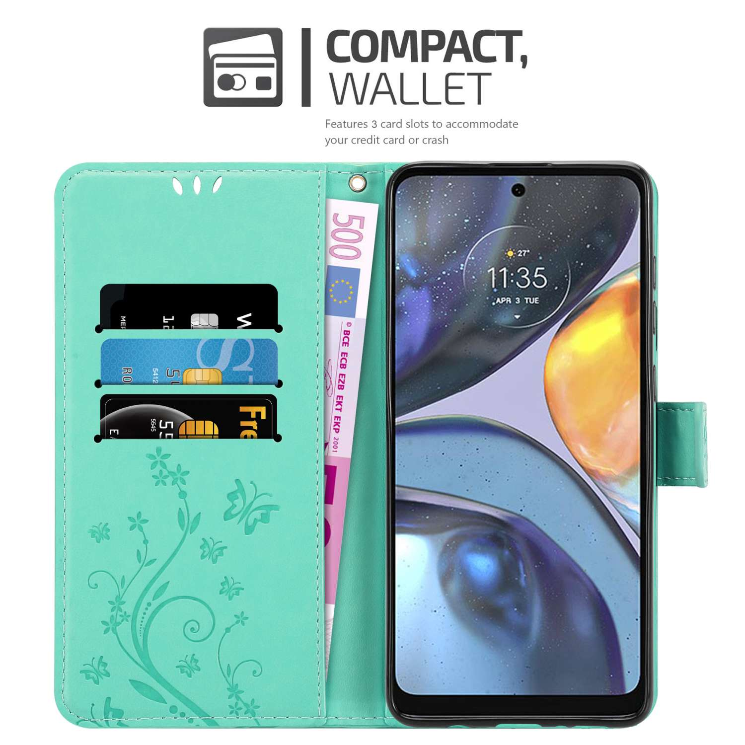 Funda de teléfono verde azulado con teléfono y tarjetas. Tiene ranuras para tarjetas. Dinero visible.