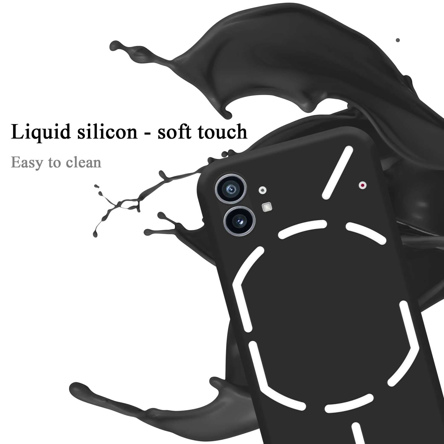 Schwarze Handyhülle mit weißem Design, schwarzer Flüssigkeitsspritzer.