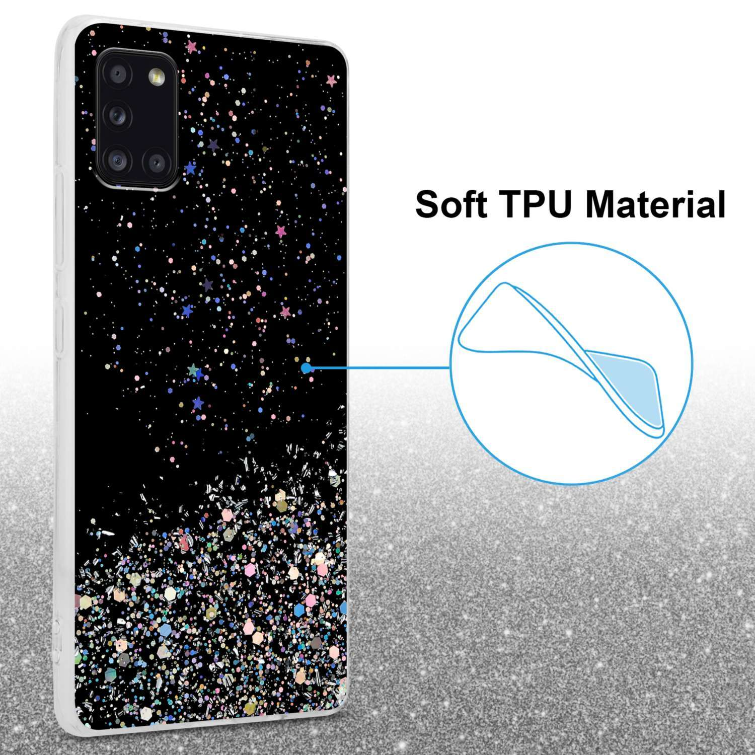 Una custodia per telefono con sfondo nero con glitter, testo blu e un cerchio blu.