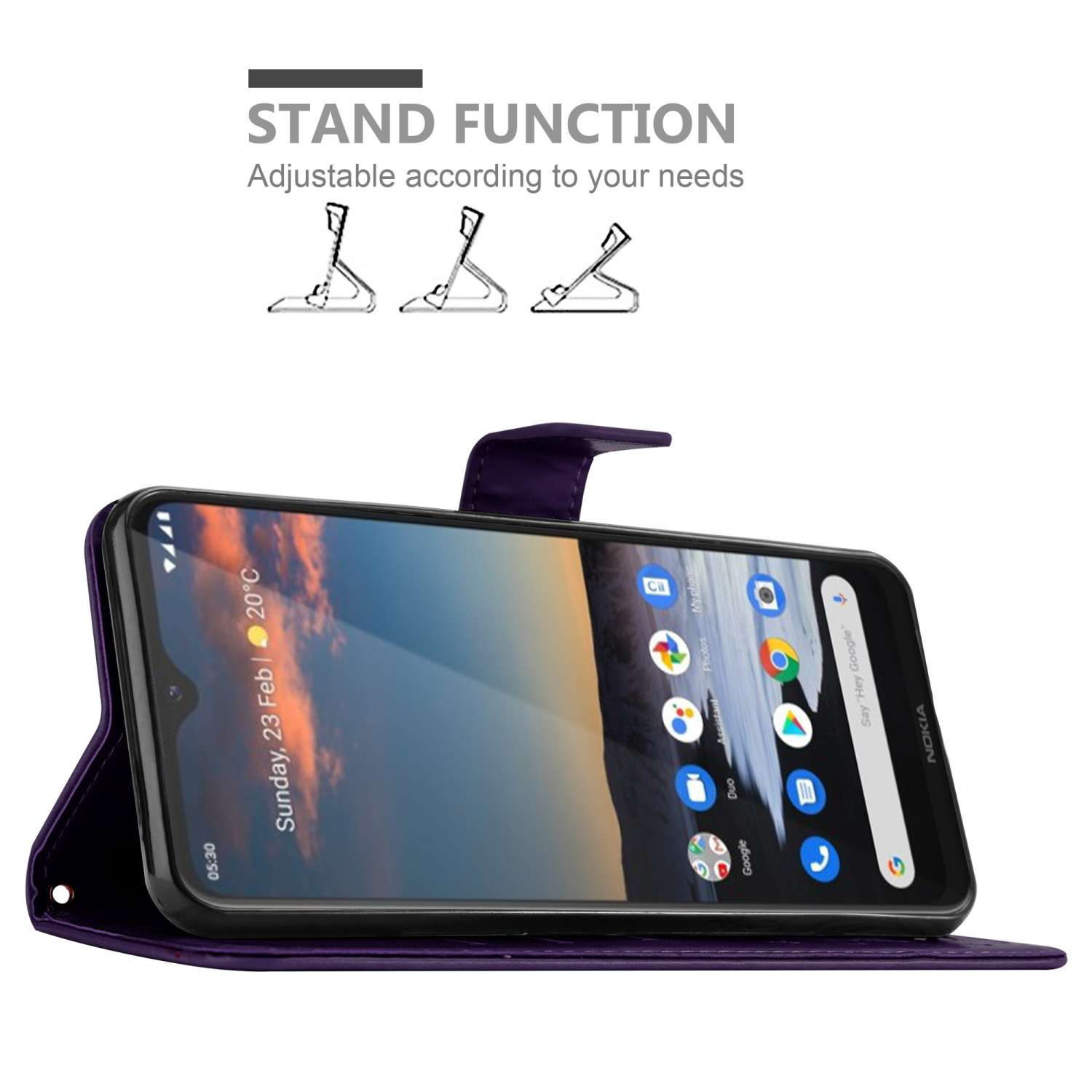 Funda de teléfono morada con teléfono dentro, mostrando la función de soporte.