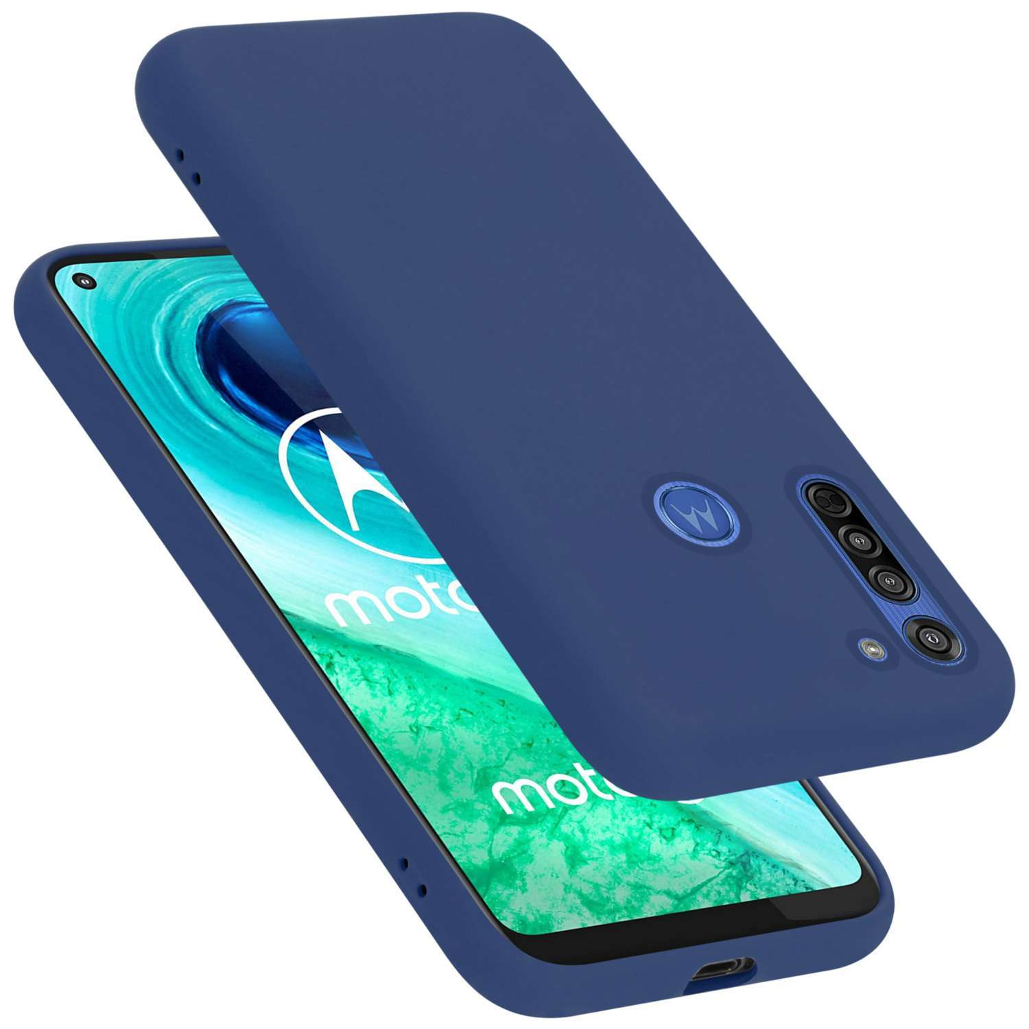 Eine blaue Handyhülle mit einem Telefon darin. Das Telefon ist dunkelblau mit Motorola-Logo.
