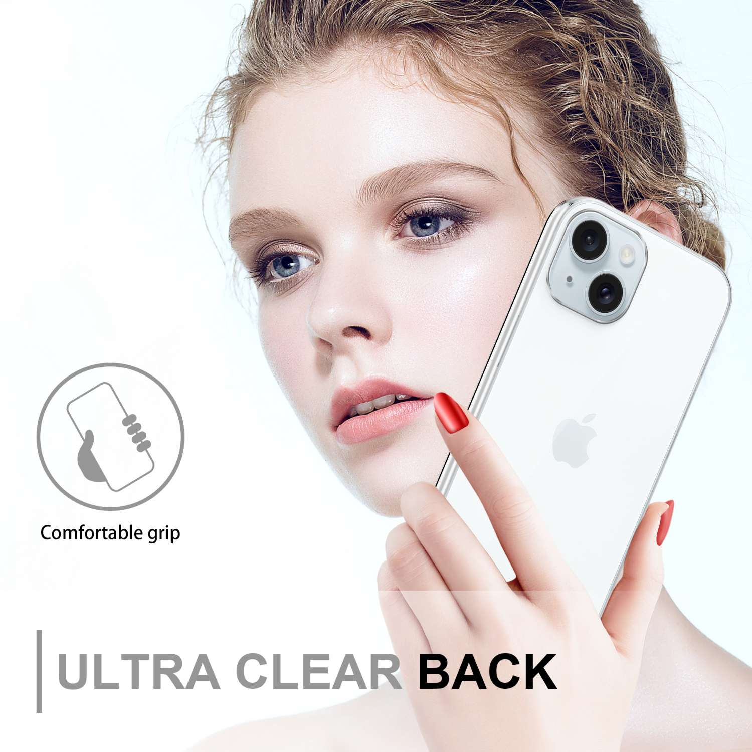 Una donna tiene una custodia trasparente per telefono con un telefono dentro. Il testo recita 'ULTRA CLEAR BACK'.