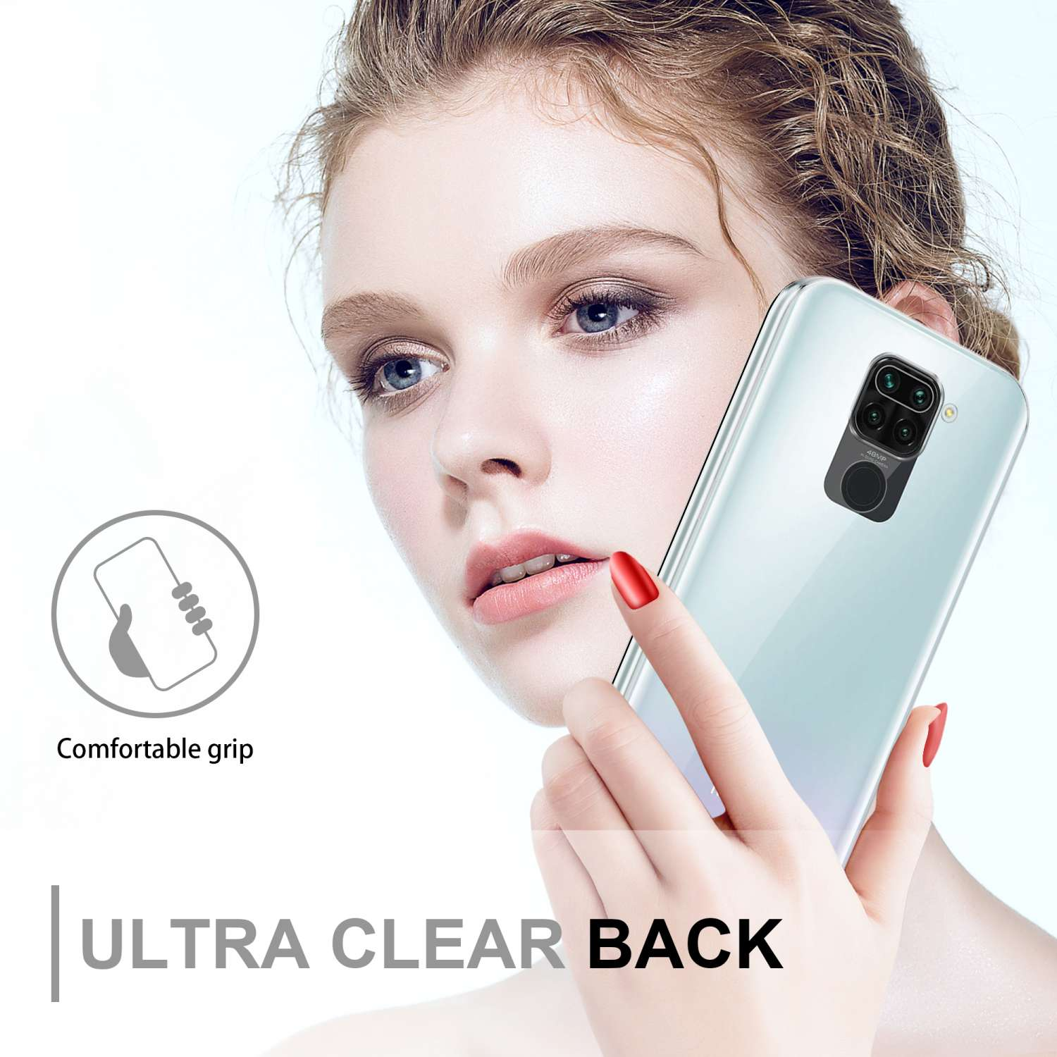 Donna che tiene in mano un telefono con cover trasparente, unghie rosse.