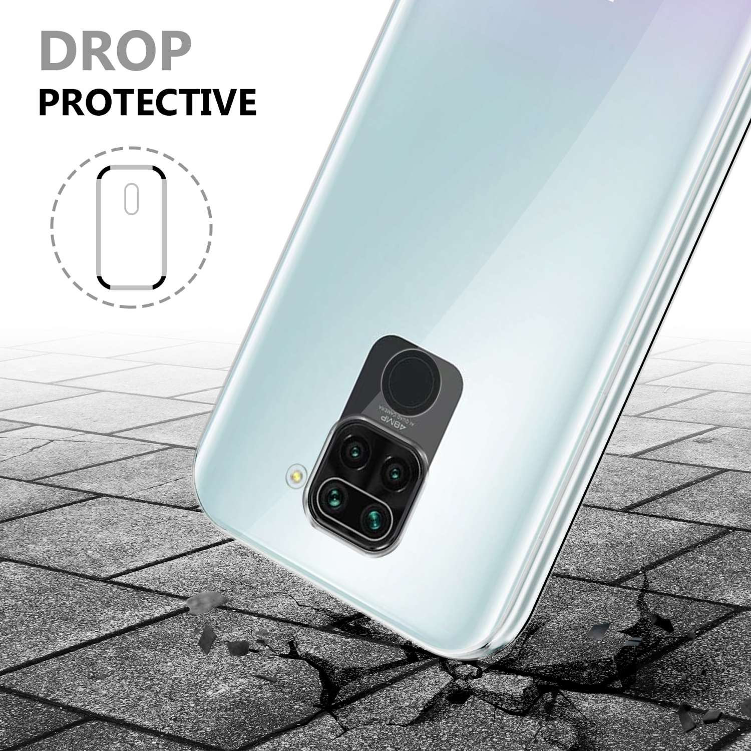 Custodia per telefono, primo piano, su una superficie. Testo: 'DROP PROTECTIVE'.