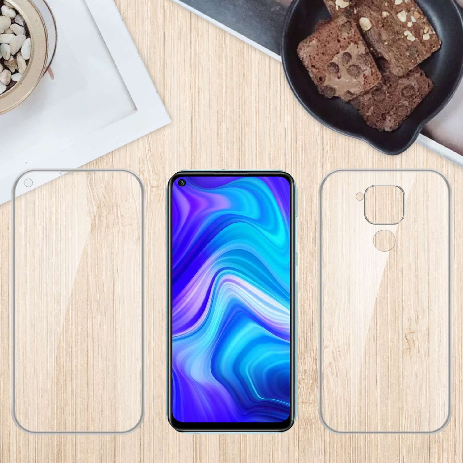 Telefono, proteggi schermo e brownies su una superficie di legno. Il proteggi schermo mostra uno strato trasparente.