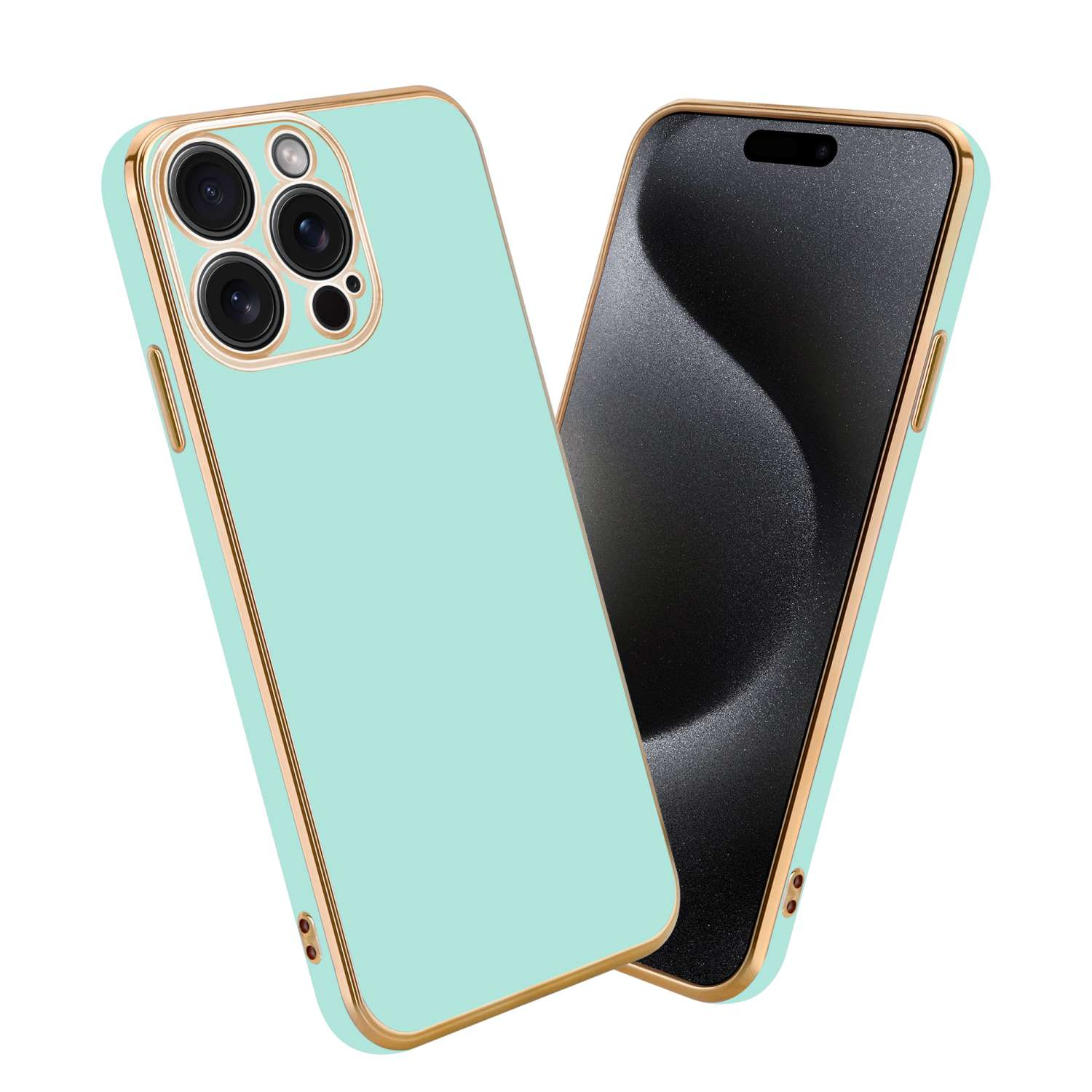Mintgrüne Handyhülle mit goldfarbenem Rand. Zwei Telefone mit goldenen Kameraringen sind zu sehen.