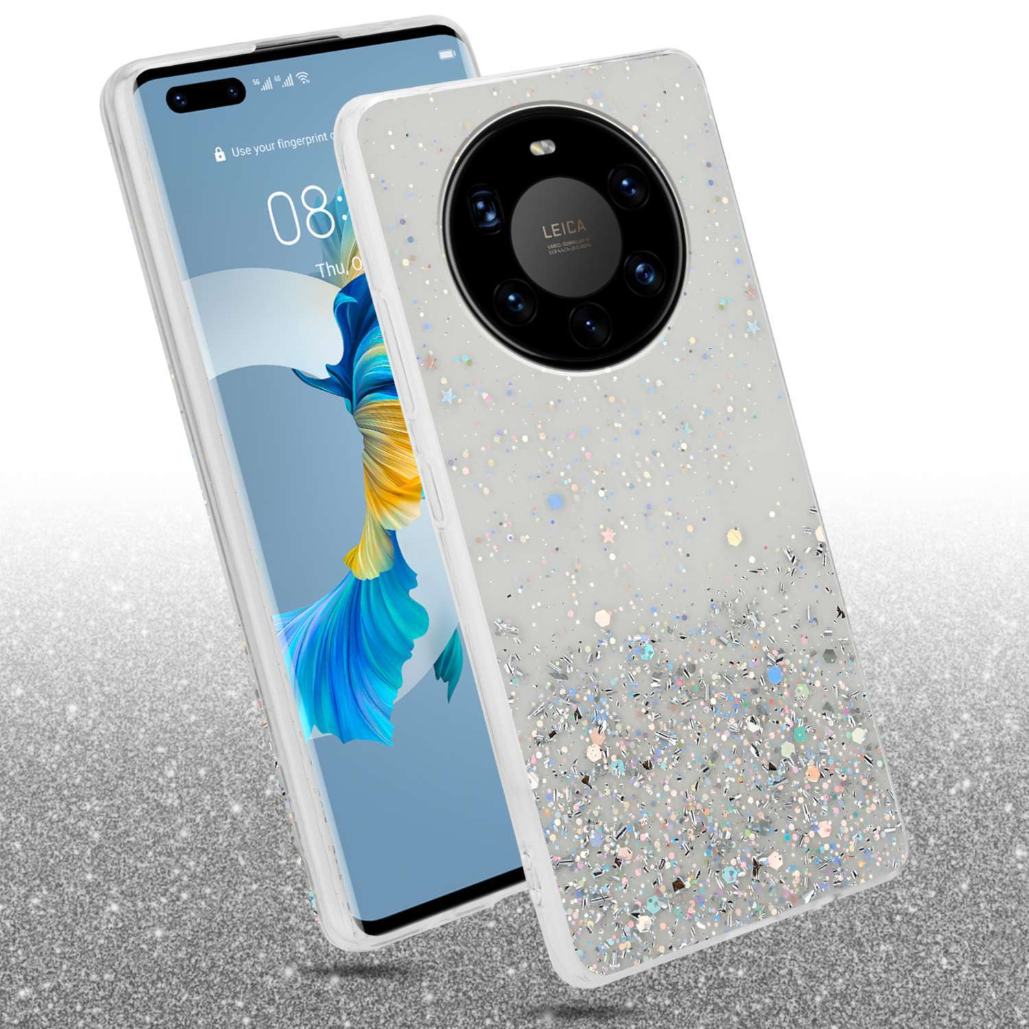 Handyhülle mit Glitzerdesign und Telefon links, funkelnder Hintergrund.