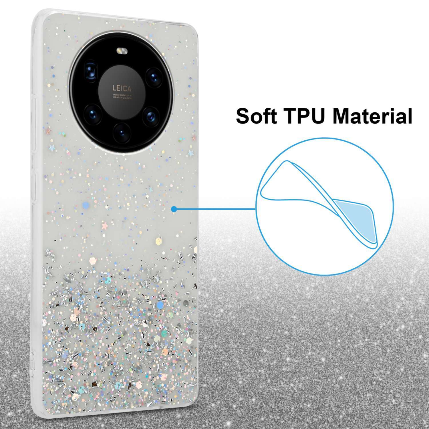 Glitzernde weiße Handyhülle mit Kamera, weißer Hintergrund und Text.