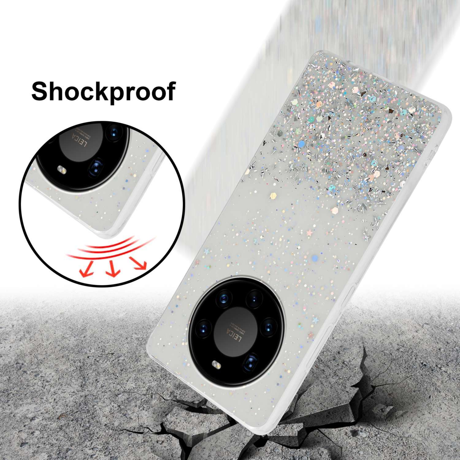 Eine Handyhülle mit Glitzer, die ein Telefon mit Kamera zeigt. Die Handyhülle liegt auf einer gerissenen Oberfläche.