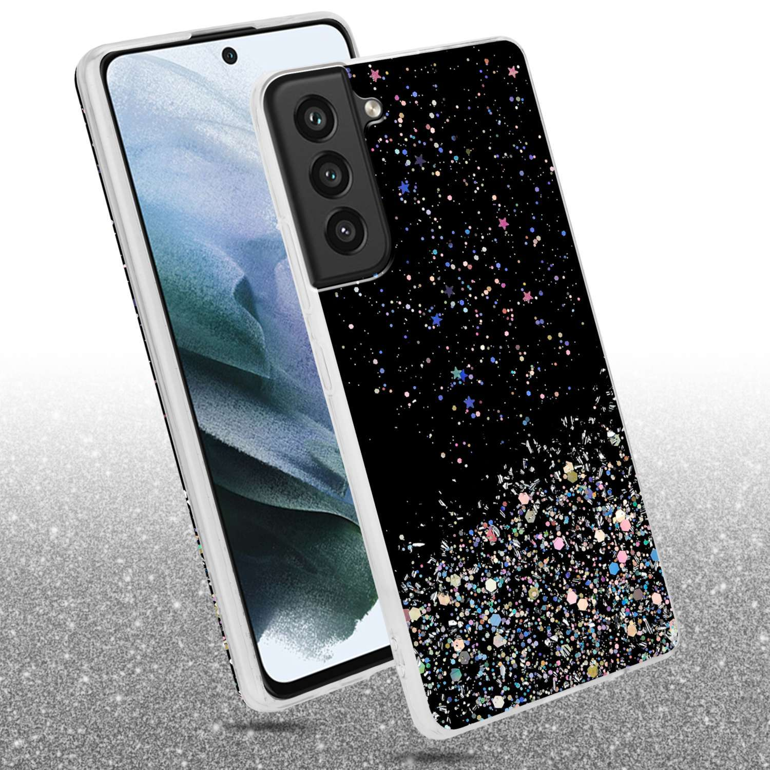 Handyhülle mit glitzerndem Design. Die Hülle befindet sich auf einem Telefon mit glitzerndem Hintergrund.
