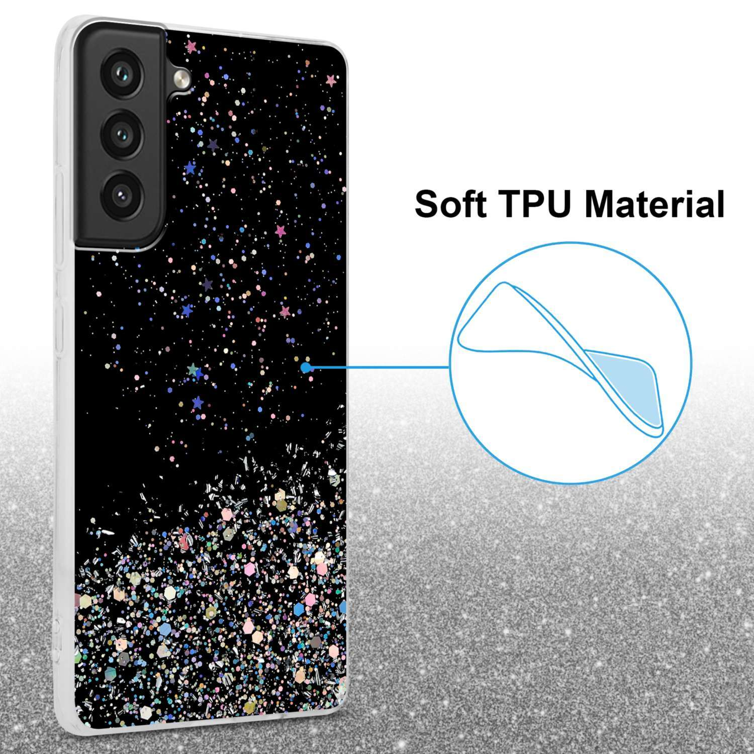 FE, Schwarz S21 Glitter, Samsung, Schutzhülle CADORABO Backcover, mit funkelnden Galaxy mit Glitter