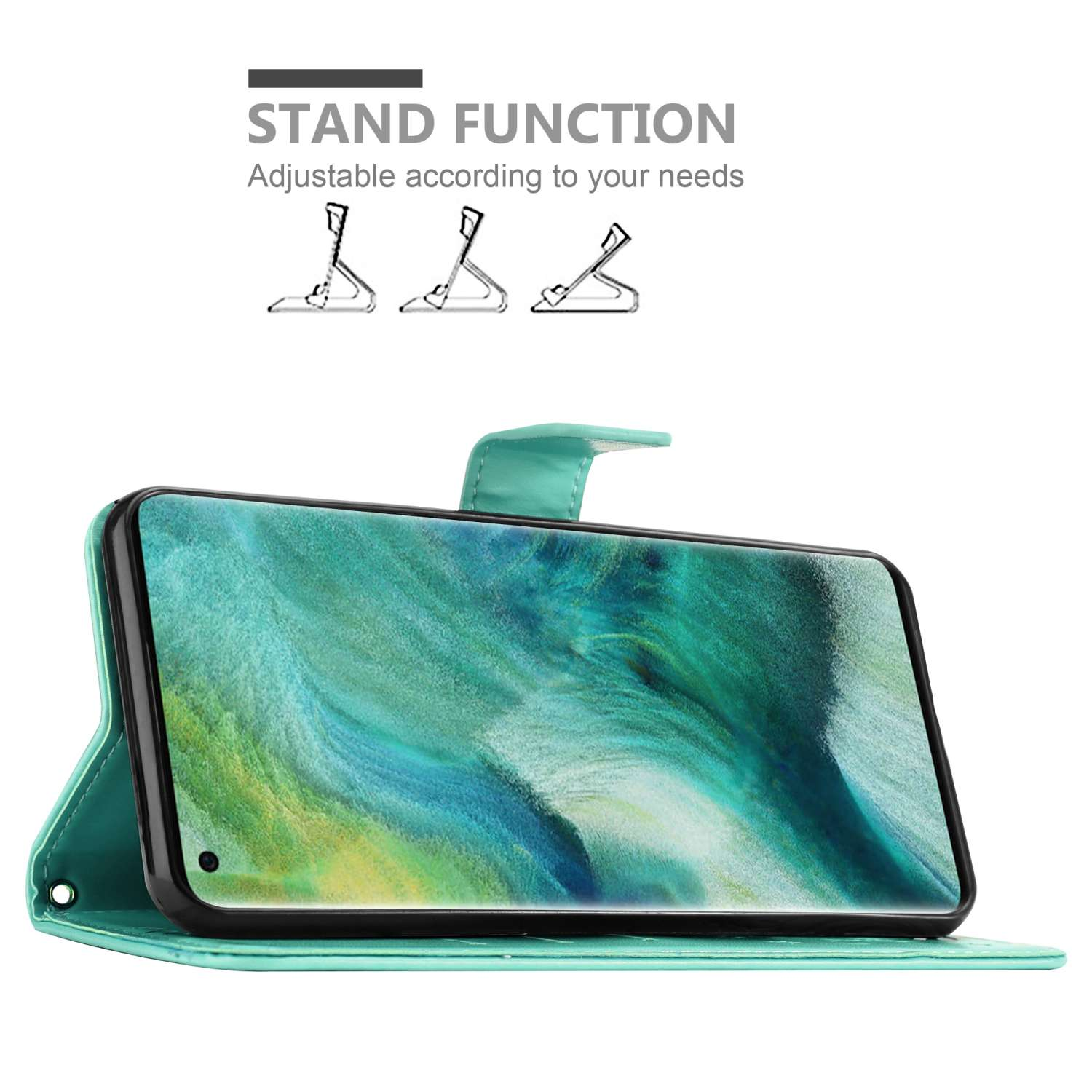 Custodia per telefono con funzione stand. Il telefono è sulla custodia.