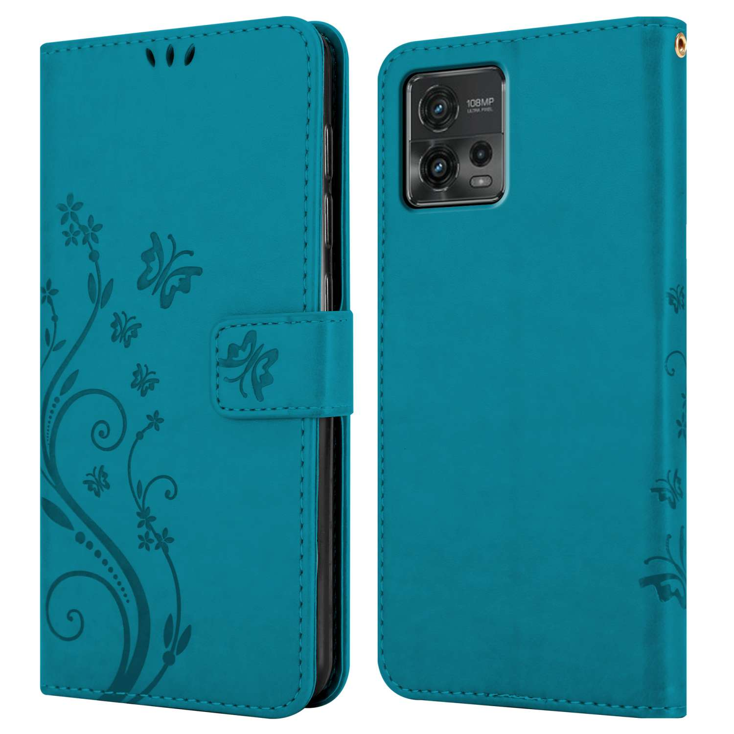 Una custodia per telefono verde acqua, aperta e chiusa. Ha un design a farfalle e floreale sul davanti.