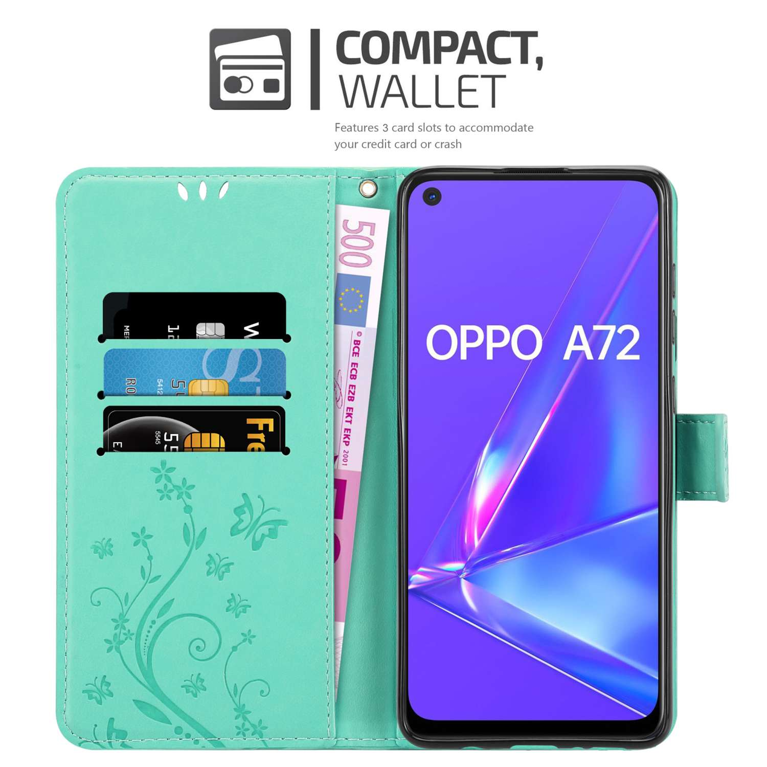 Un portafoglio per custodia del telefono verde acqua aperto, con carte, una banconota da 500 euro e un telefono Oppo A72.