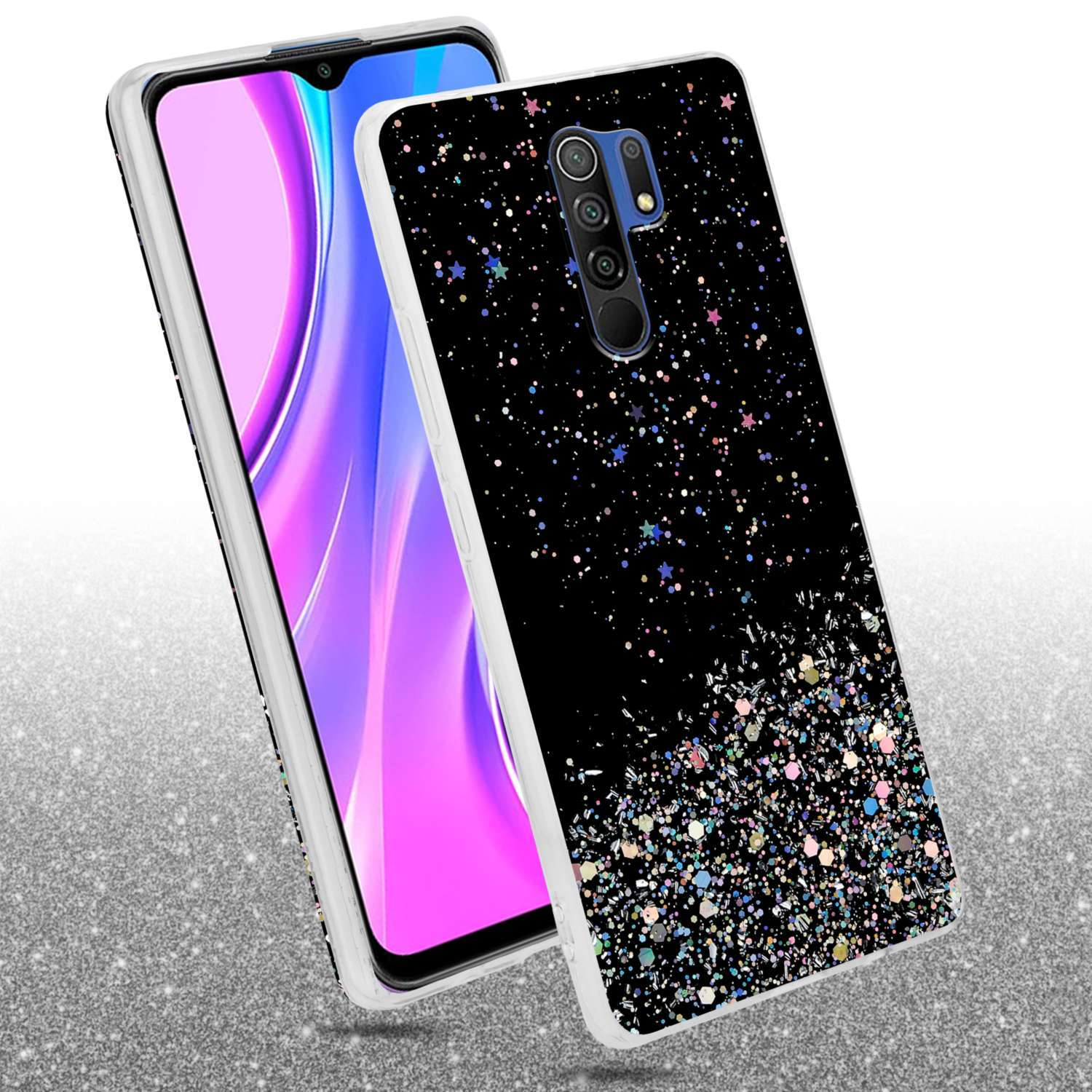 Custodia nera per telefono con design glitterato e telefono. Sfondo bianco.