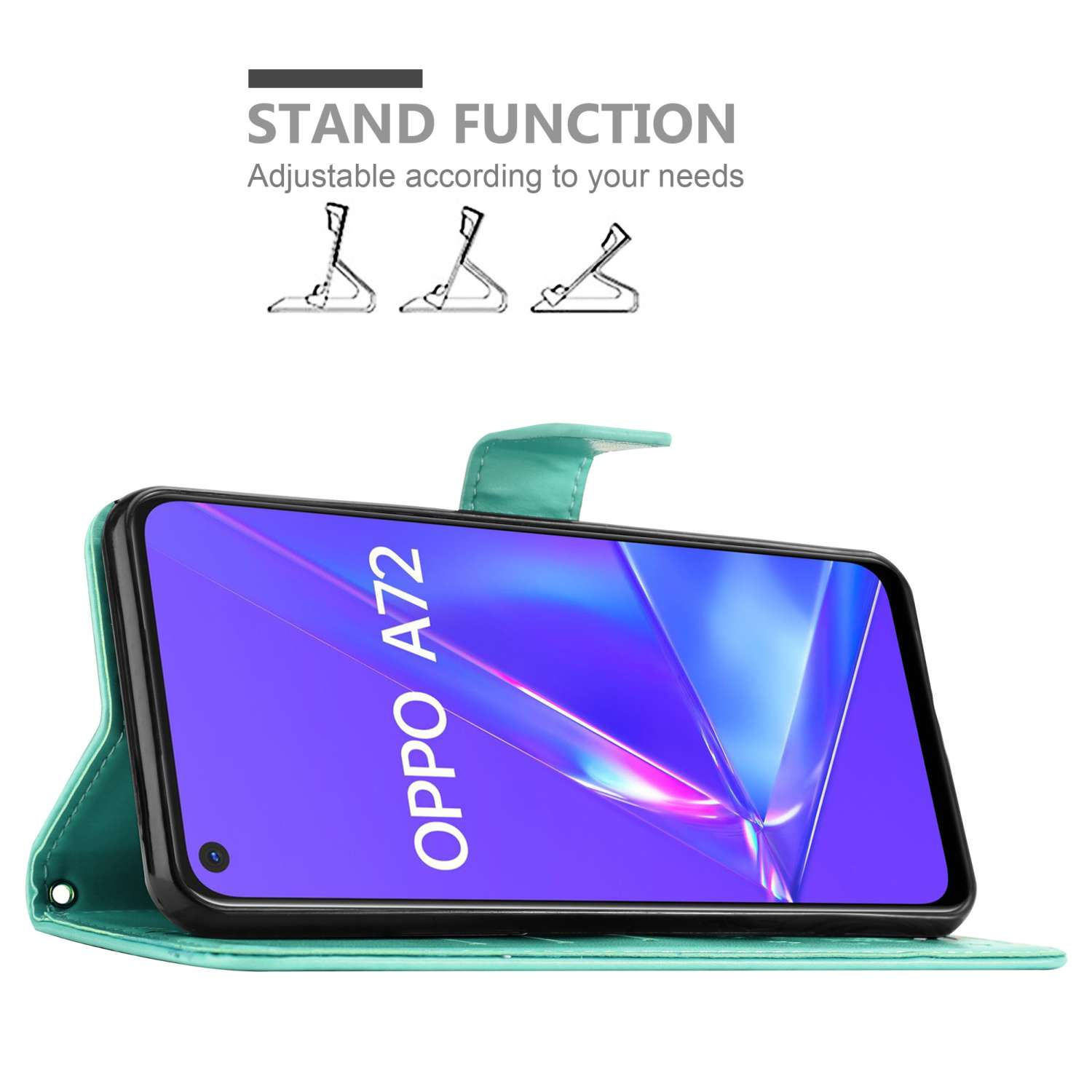 Una custodia per telefono verde acqua con un telefono. Mostra lo schermo e la funzione stand.