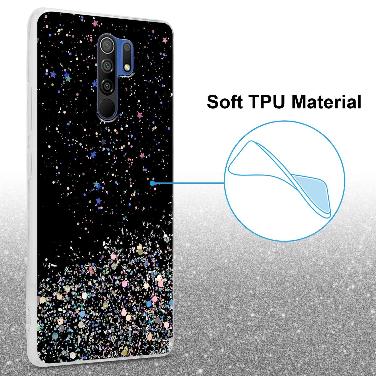 Custodia per telefono nera con glitter, stelle e un telefono nero. Testo 'Soft TPU Material'.