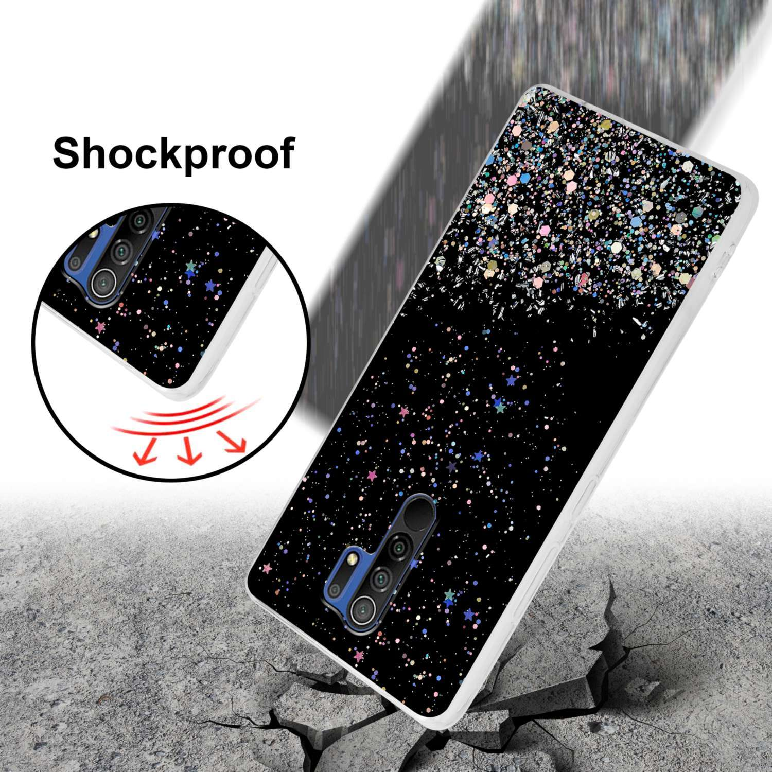 Una custodia per telefono con un design glitterato, che cade su una superficie incrinata. Il testo 'Antiurto' in alto.