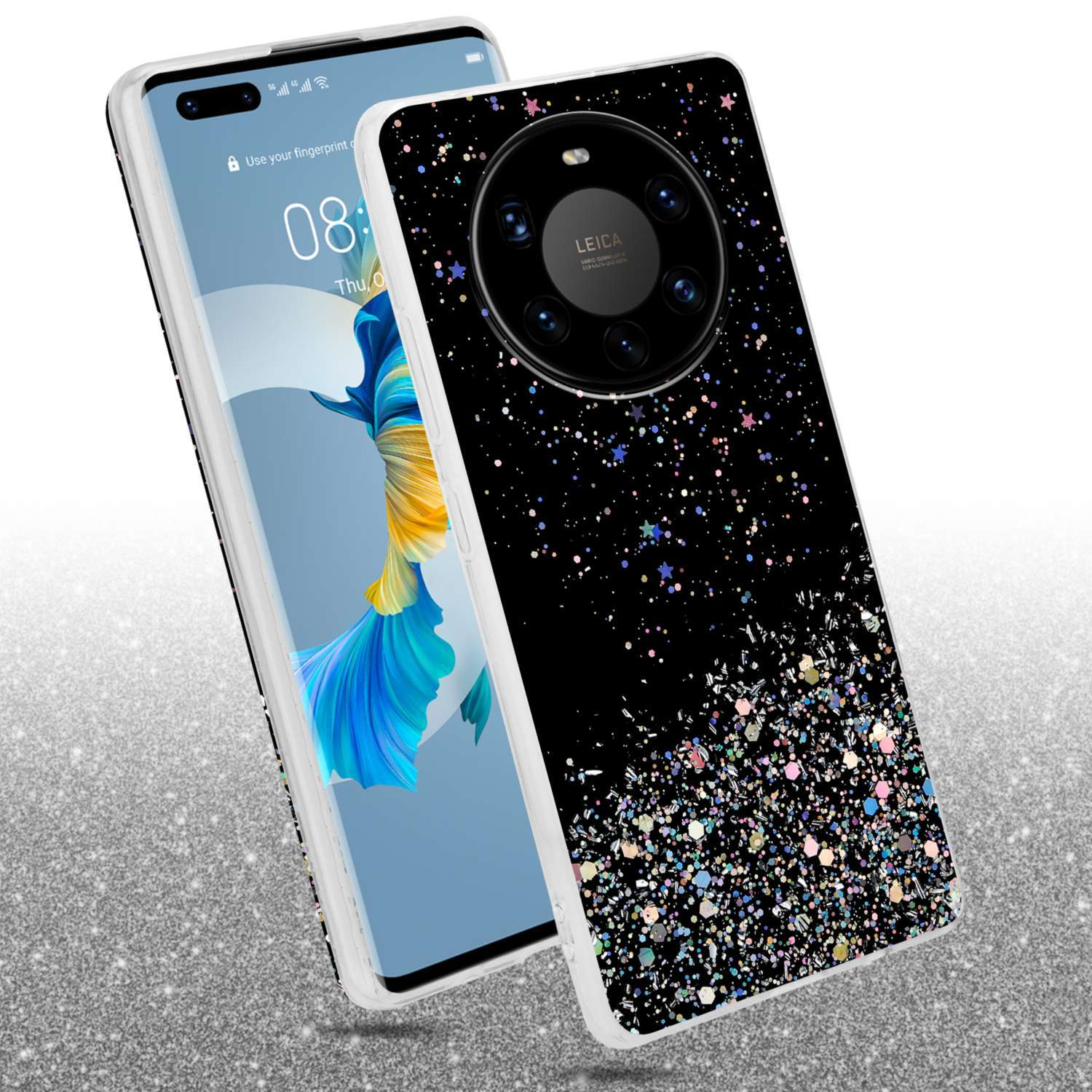Eine Handyhülle mit glitzerndem schwarz-bunten Design. Das Telefon und sein Bildschirm sind sichtbar.