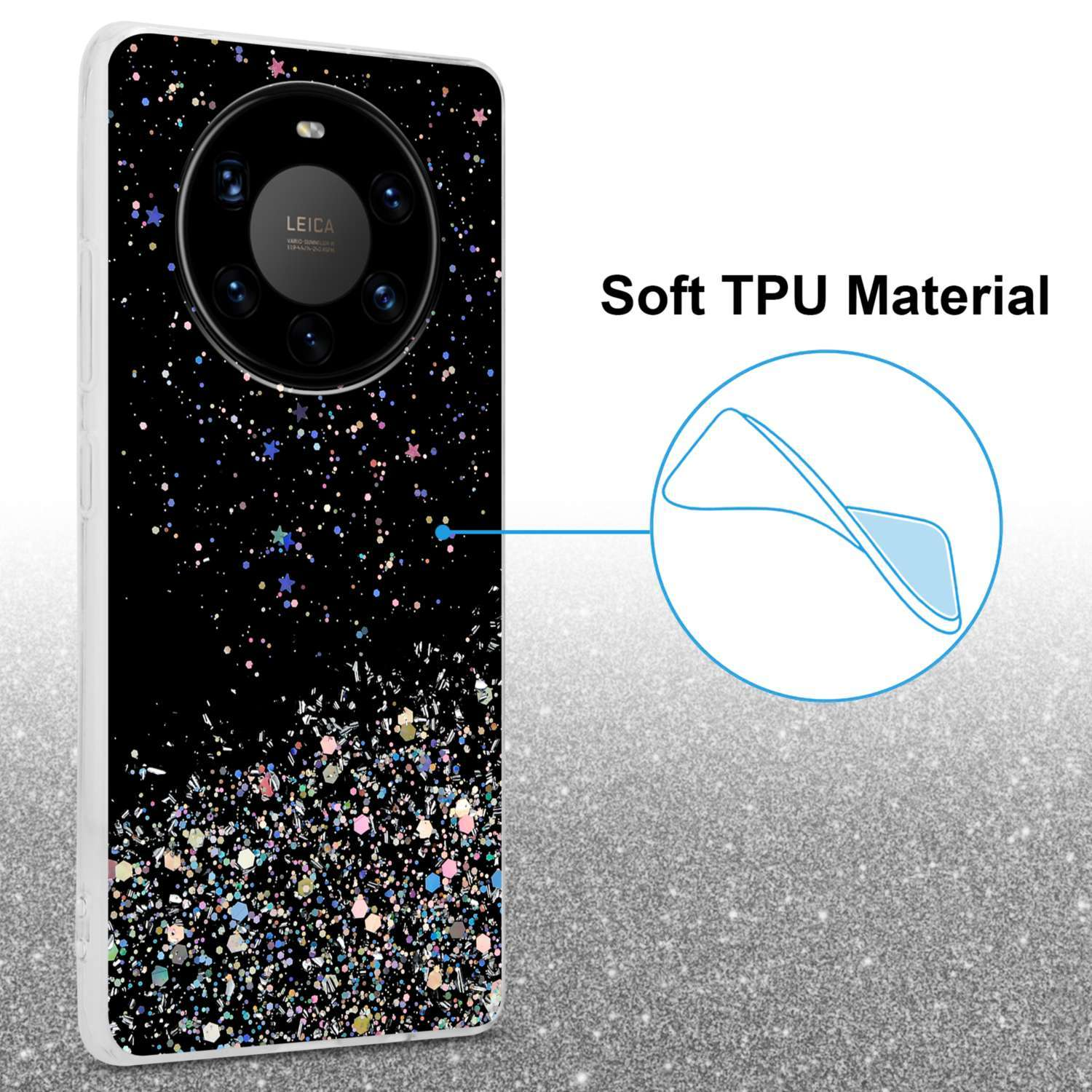 Custodia per telefono nera, design glitterato, obiettivo multi-fotocamera.