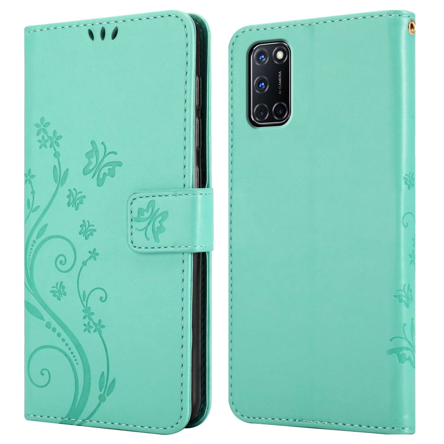 Una custodia per telefono verde acqua, aperta per rivelare il telefono, con un design floreale sulla copertina anteriore su sfondo bianco.