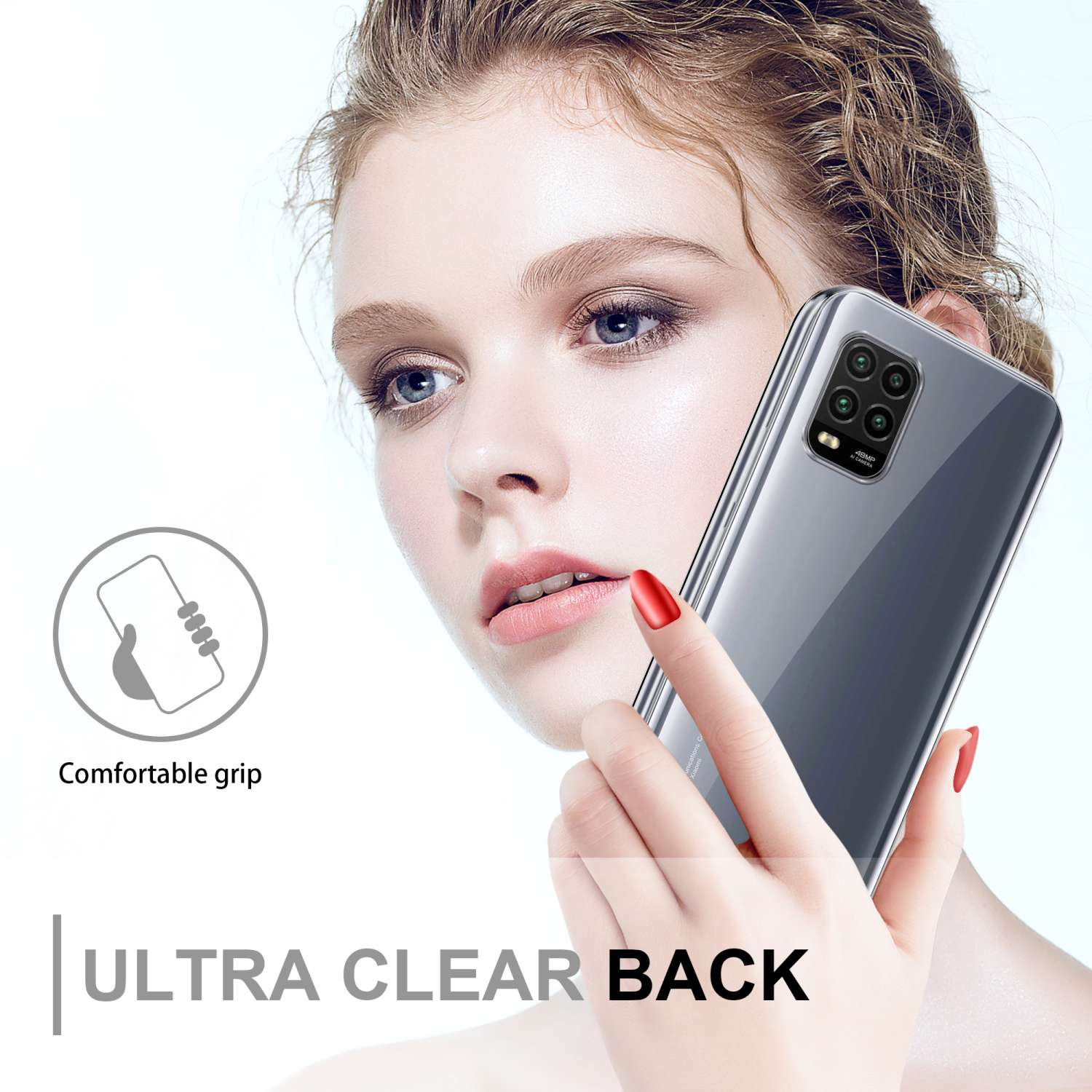 Donna che tiene in mano un telefono grigio con custodia. Testo: Ultra Clear Back, Impugnatura comoda.