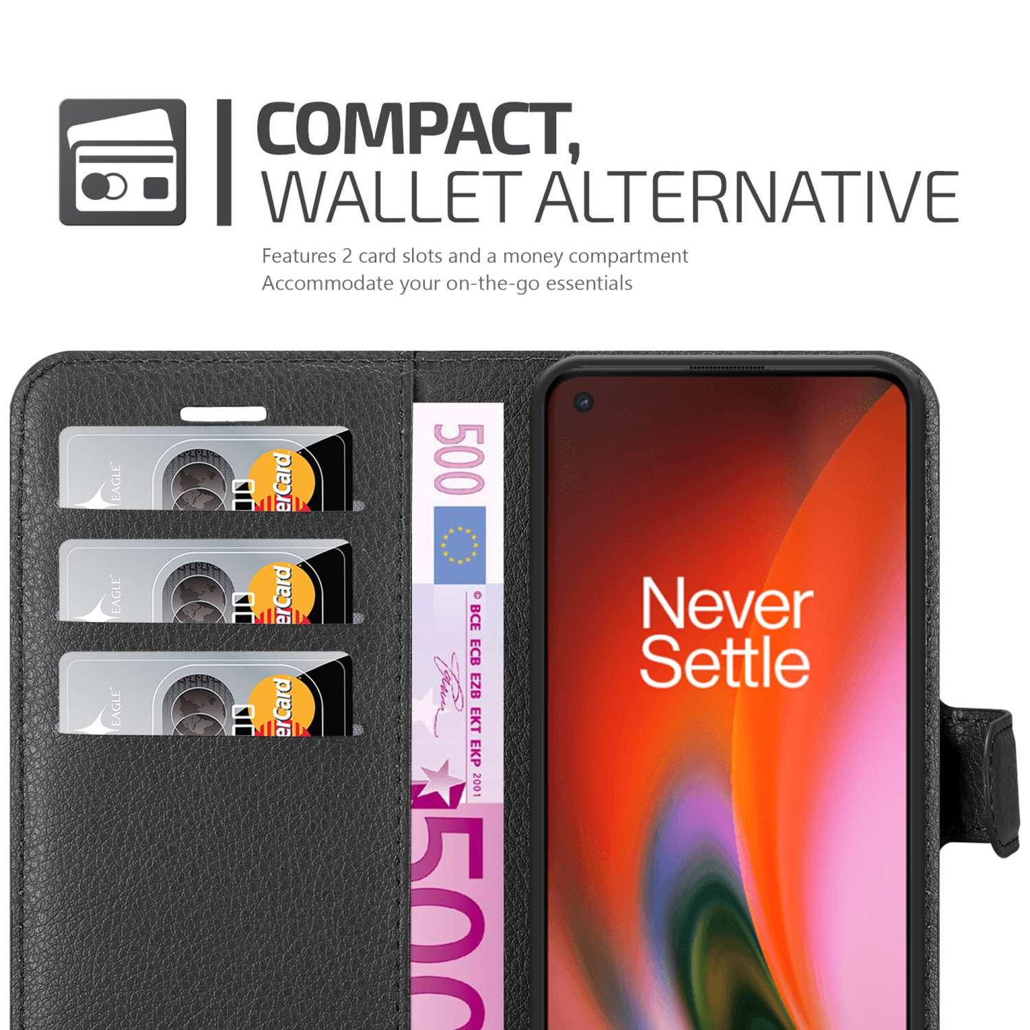 Una custodia a portafoglio per telefono, con fessure per carte e scomparto per contanti, contenente carte e una banconota da 500 euro.