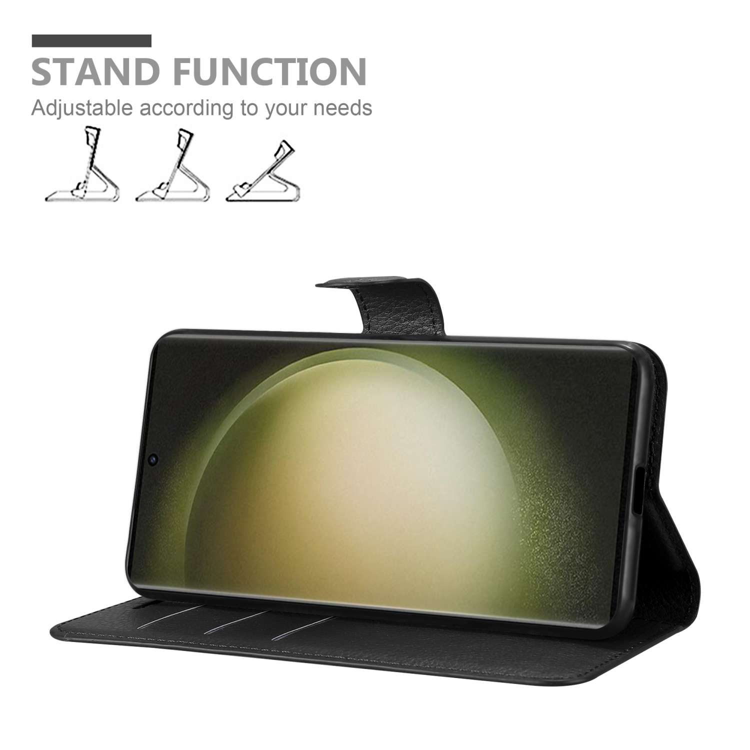 Schwarze Handyhülle mit Telefon. Geöffnet, Standfunktion. Weißer Hintergrund mit Standgrafiken.