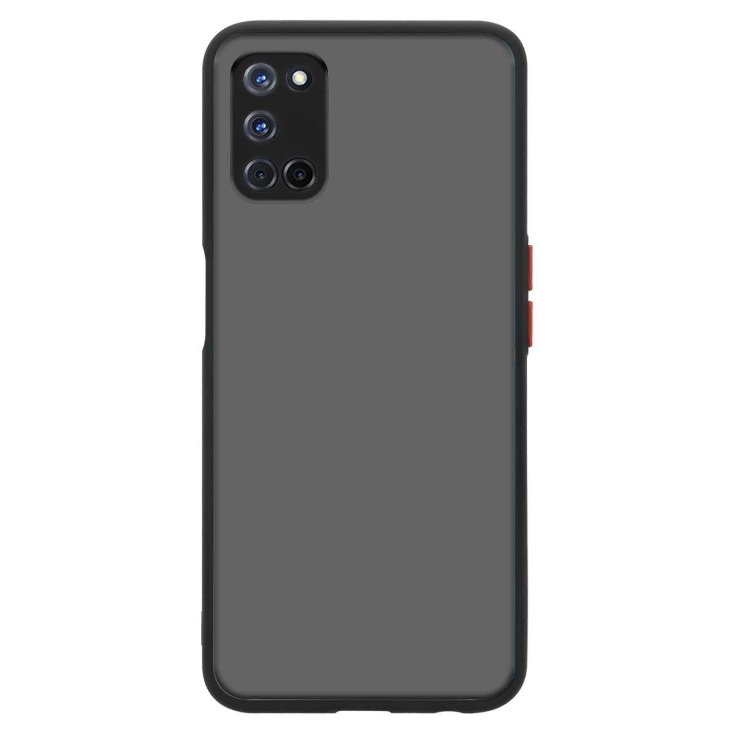Una custodia grigia per telefono con una configurazione a tripla fotocamera. Il retro del telefono è visibile.