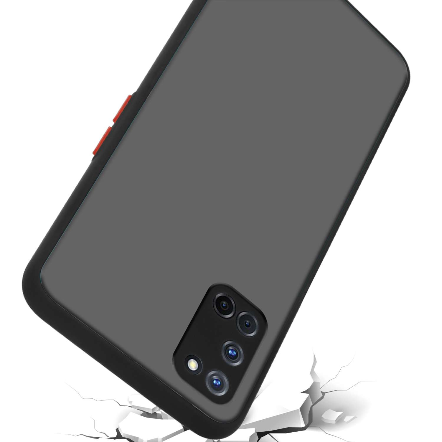 Una custodia nera per telefono su una superficie bianca, incrinata con un telefono nero sul retro.