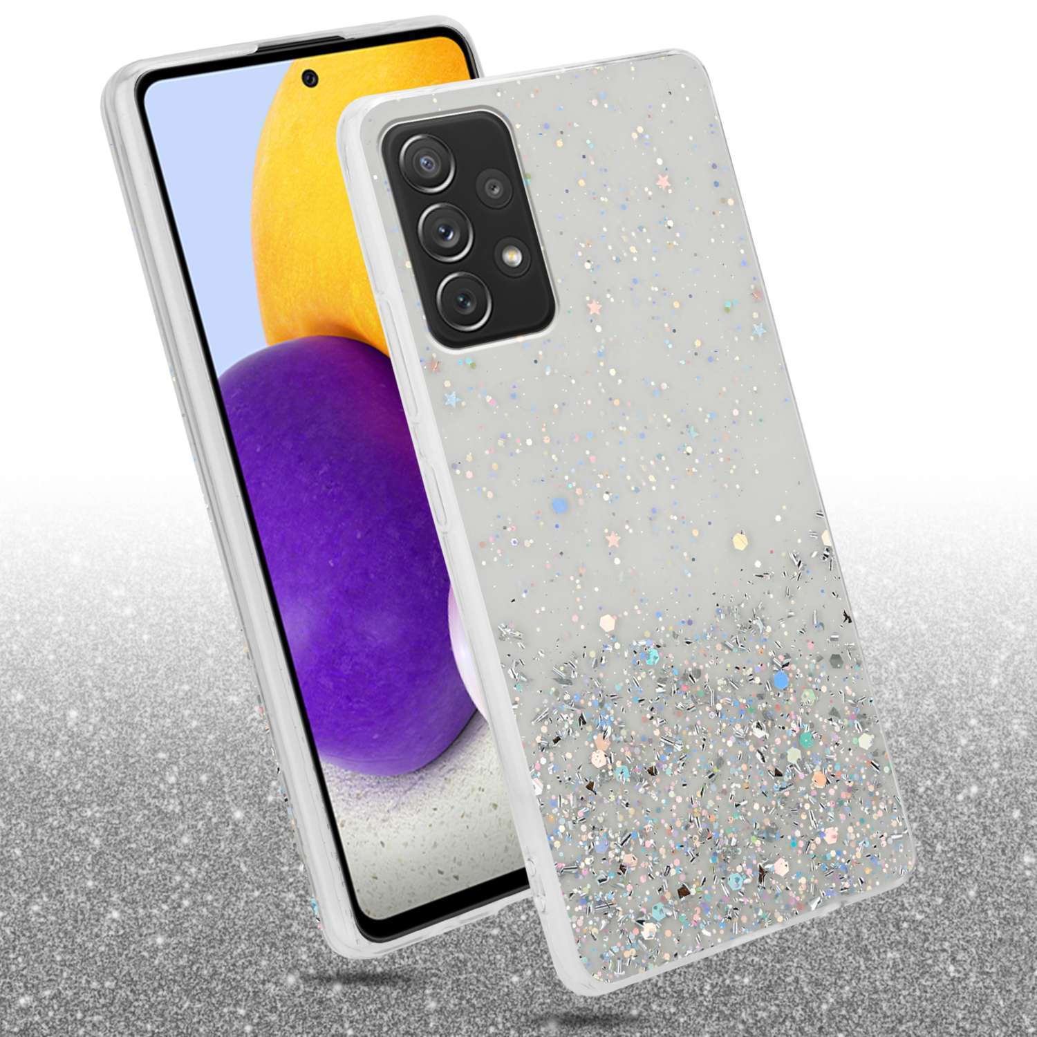 Custodia per telefono bianca con design glitterato. Telefono all'interno. Superficie glitterata. Custodia e telefono in un colpo.