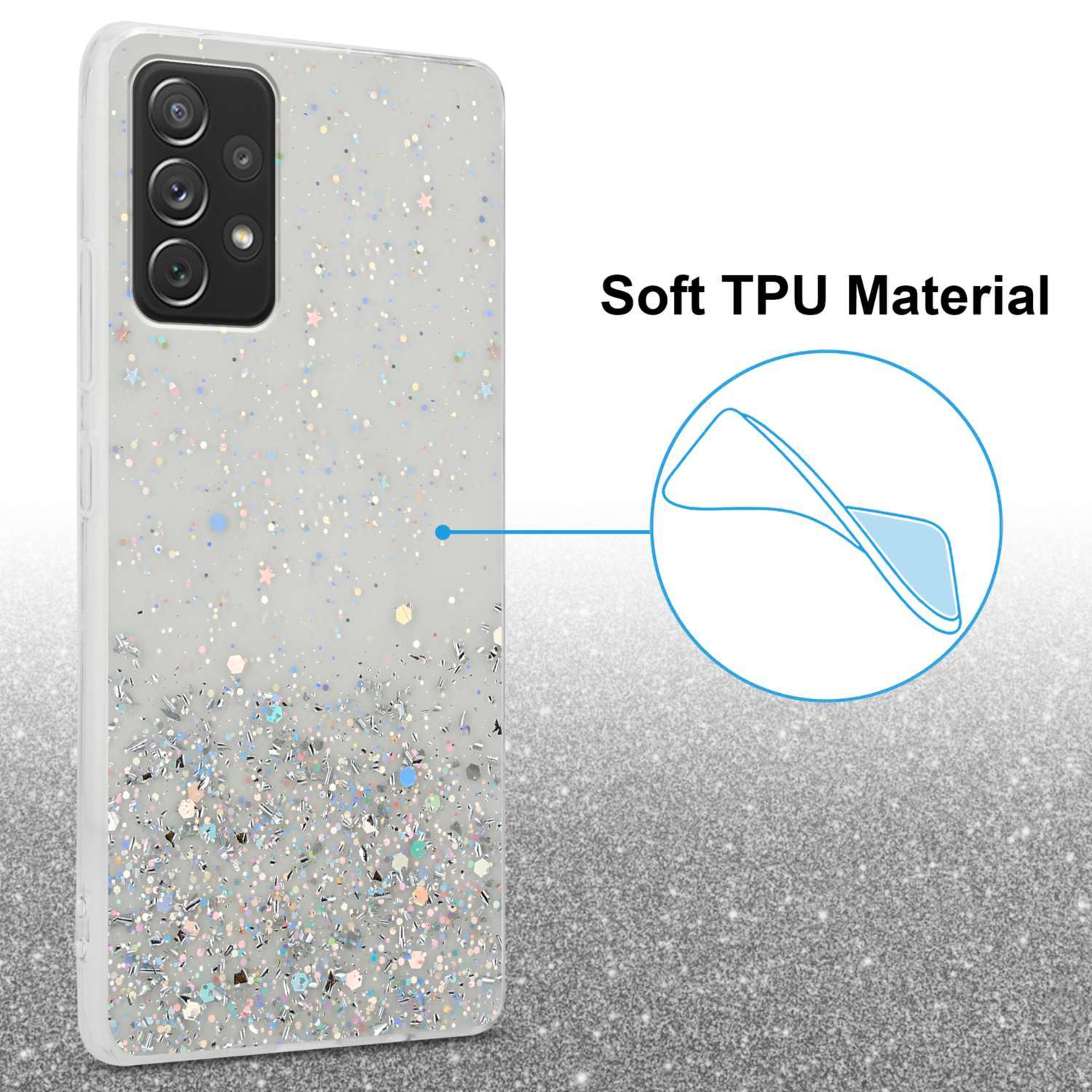 5G, Samsung, Glitter mit Transparent 4G A72 / funkelnden mit Schutzhülle Backcover, CADORABO Galaxy Glitter,