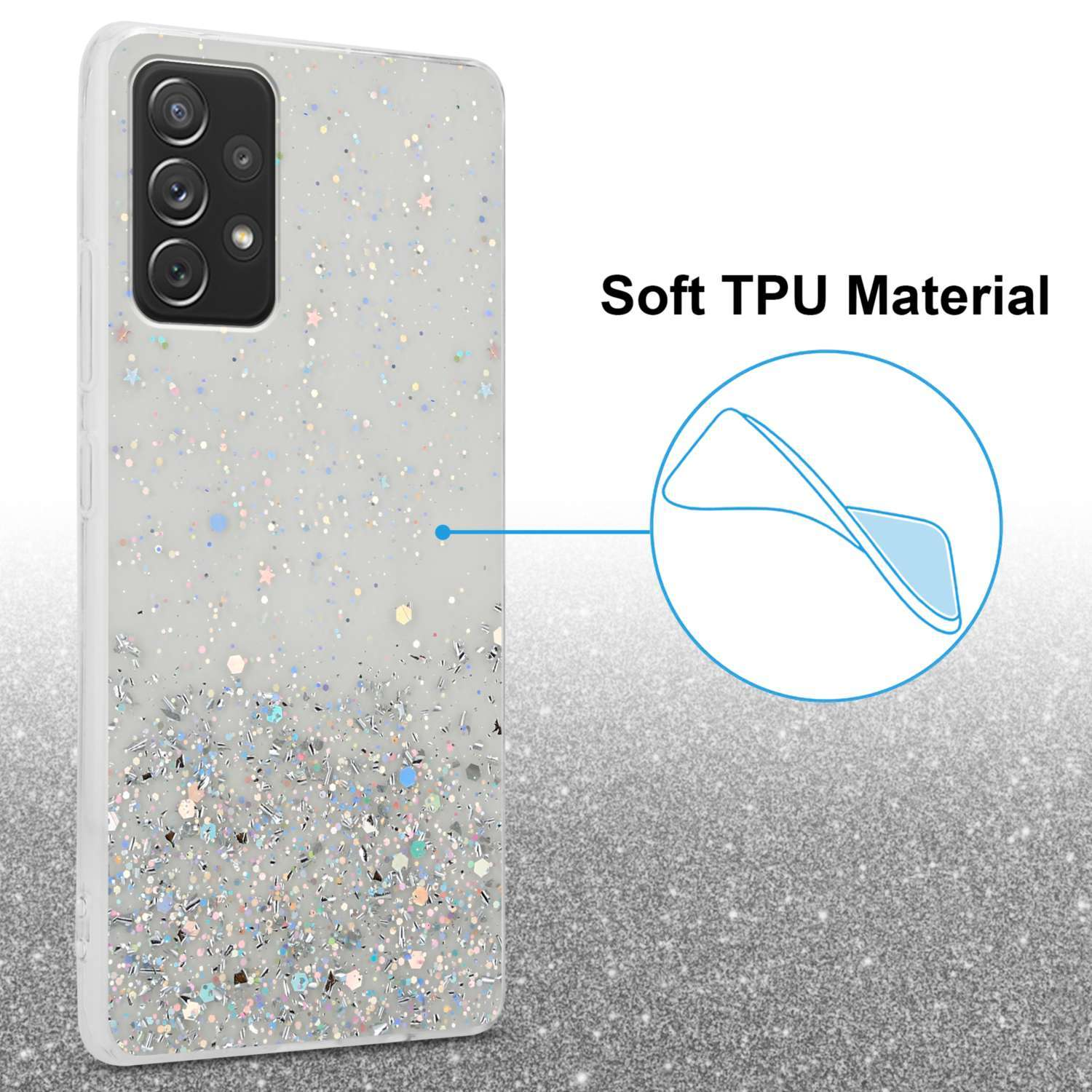 Custodia per telefono con glitter. Custodia bianca con glitter blu. Sfondo bianco.