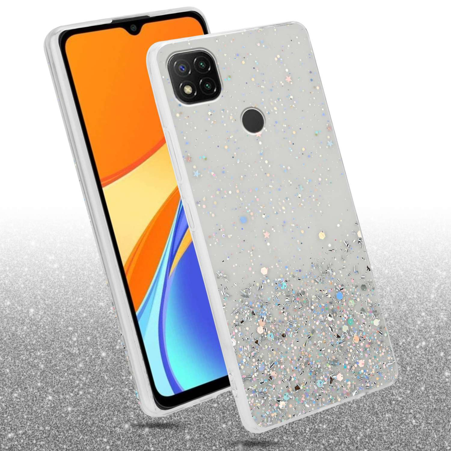 Custodia per telefono glitterata su un telefono. Il telefono è bianco con un design glitterato. Lo sfondo è una superficie lucida.