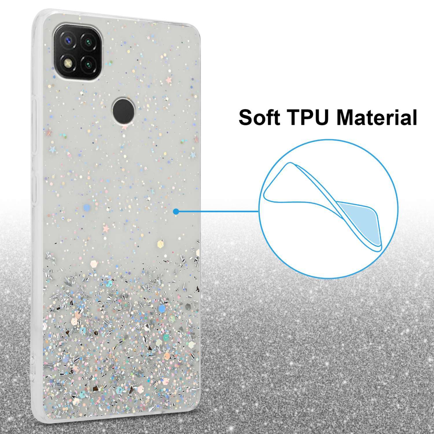 Custodia trasparente per telefono con glitter, che mostra un telefono con più lenti della fotocamera.