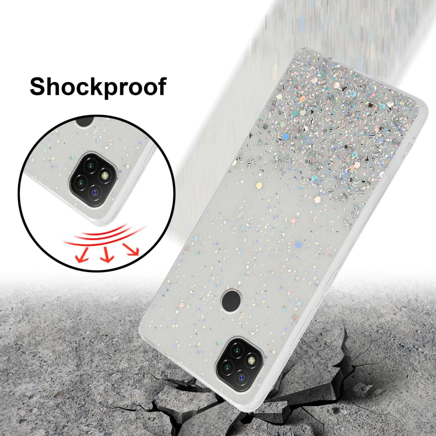 Custodia per telefono glitterata su superficie incrinata. Testo: Antishock. Le frecce indicano l'assorbimento degli urti.