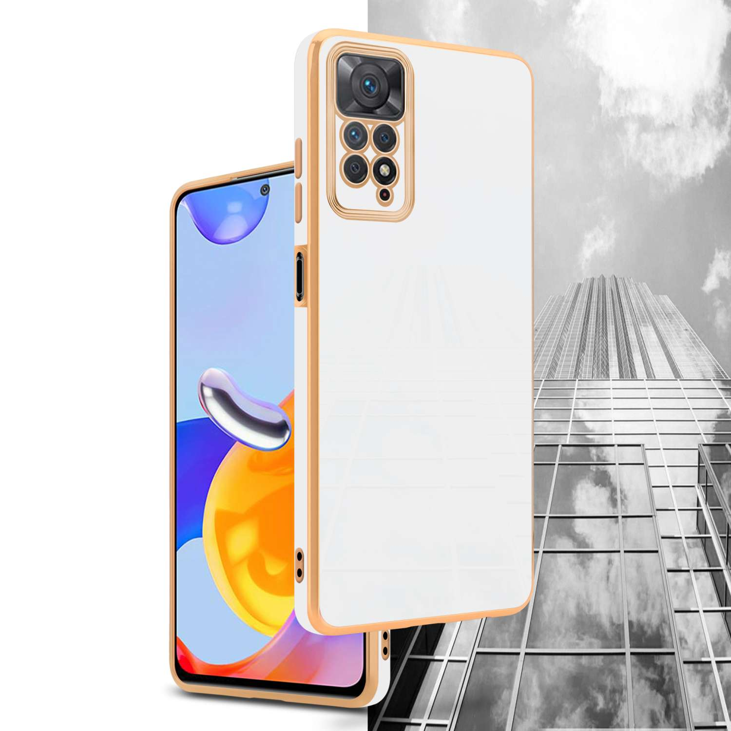 Una custodia per telefono con cornice dorata. La custodia è su un telefono che mostra uno schermo colorato.