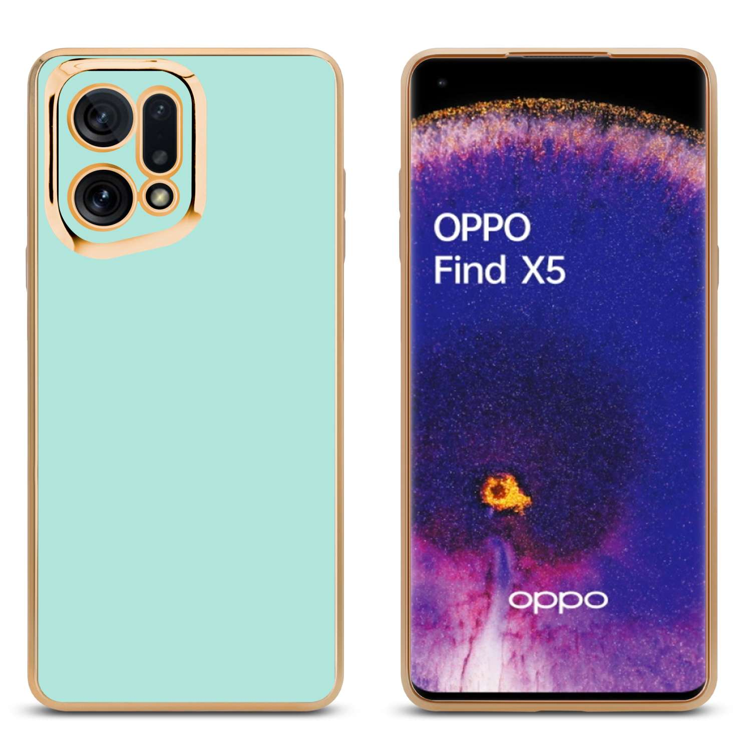 Due smartphone: uno in una custodia menta, l'altro mostra OPPO Find X5 sullo schermo.