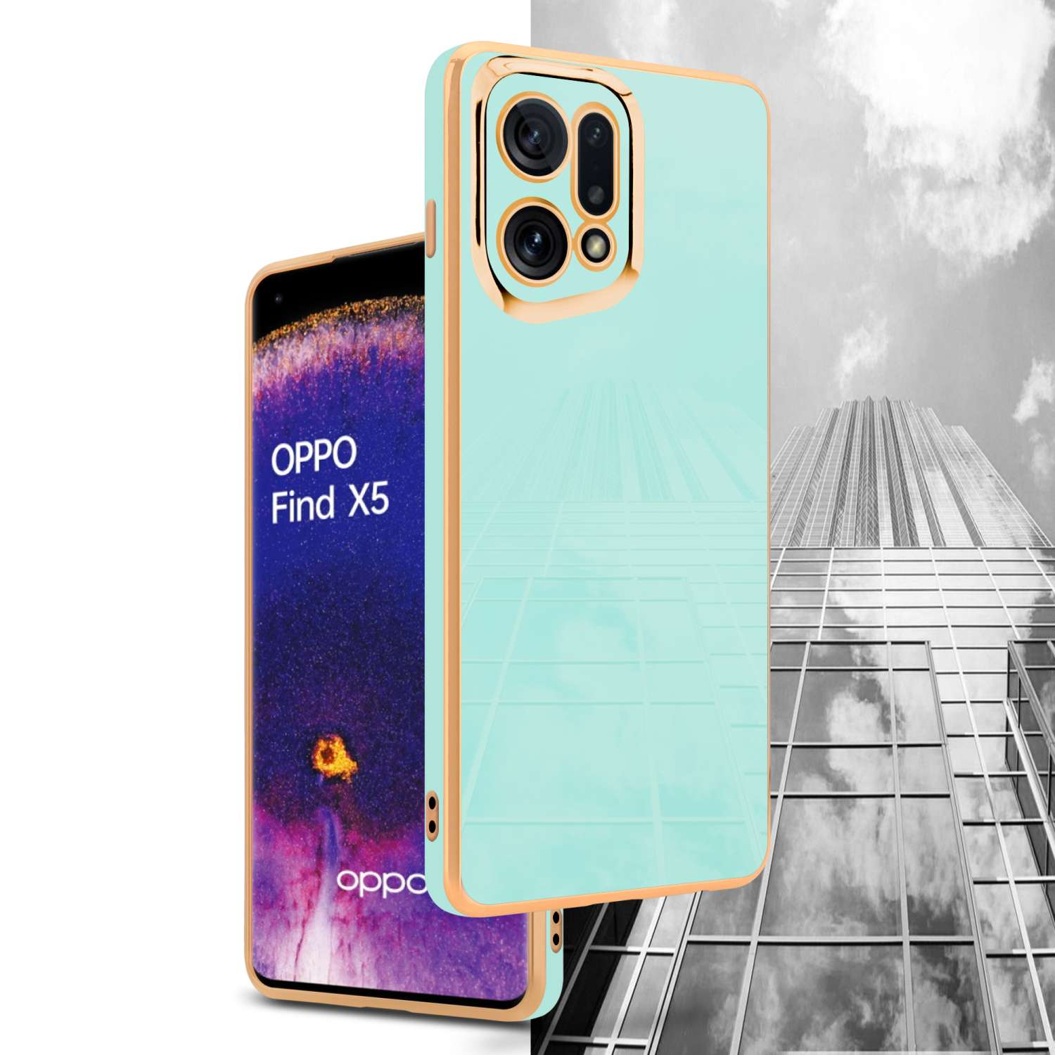 Telefono verde menta in una custodia con bordi dorati, leggermente fuori centro, con uno sfondo di grattacieli e Oppo Find X5 sullo schermo.
