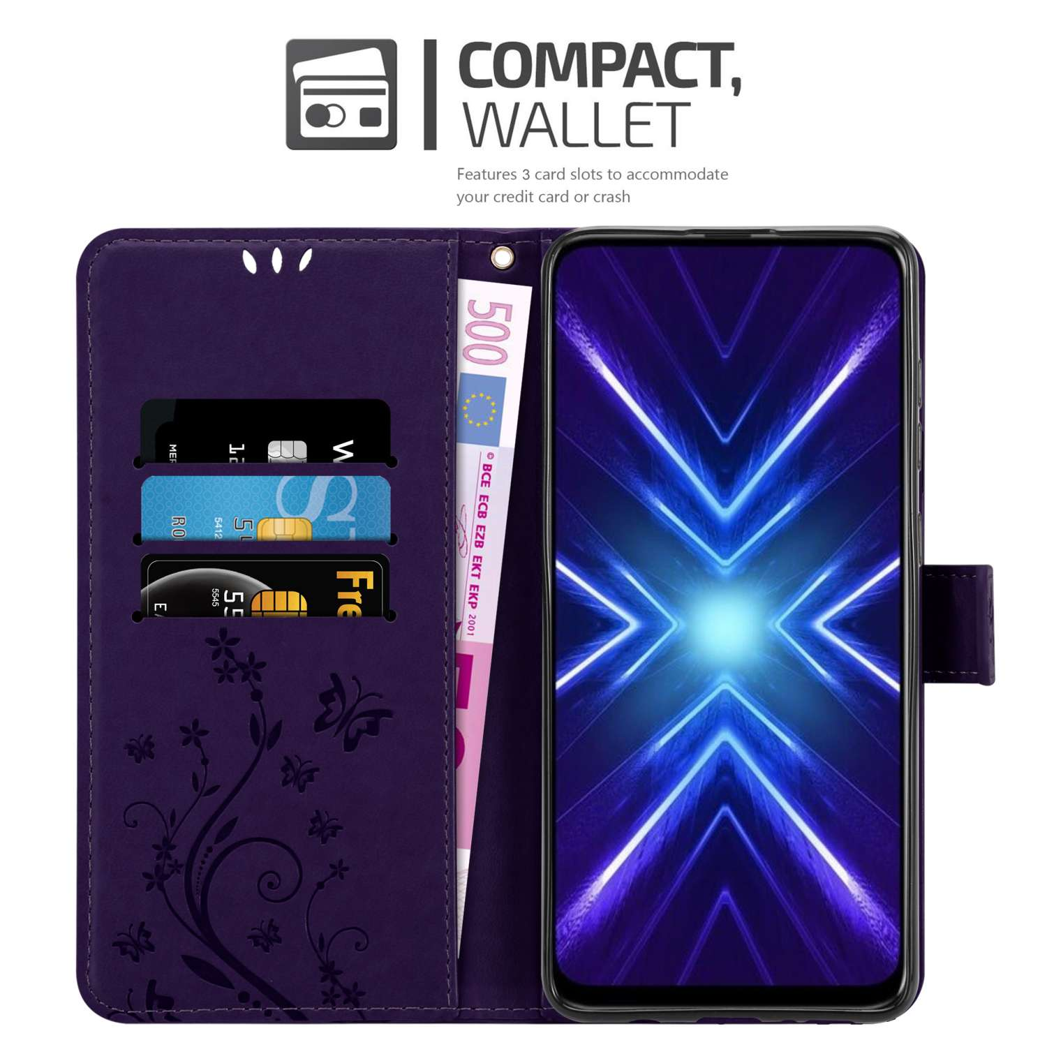 Custodia a portafoglio viola con telefono, carte di credito e banconota da 500 euro.