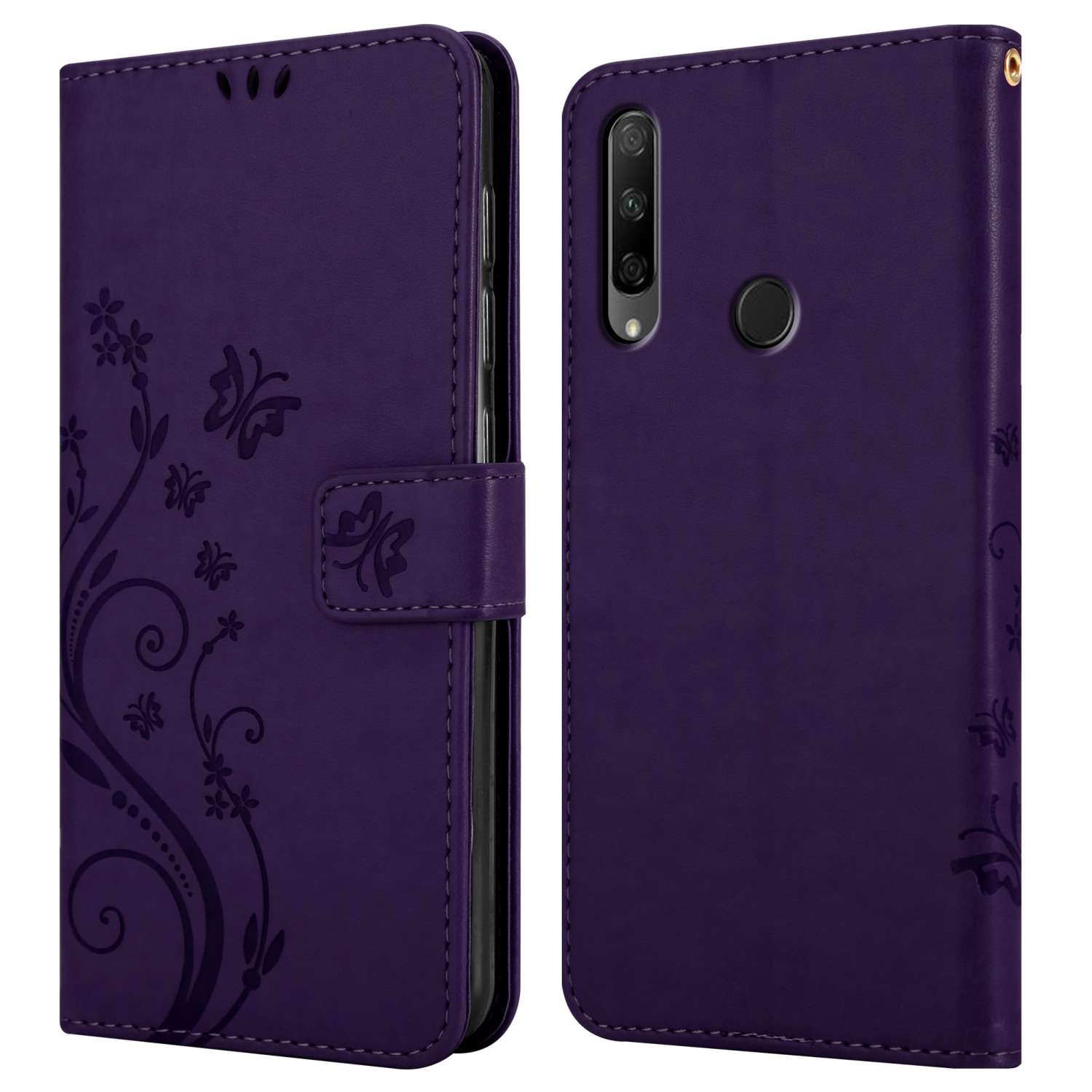 Custodia per telefono viola, aperta che mostra telefono e design floreale, su bianco.