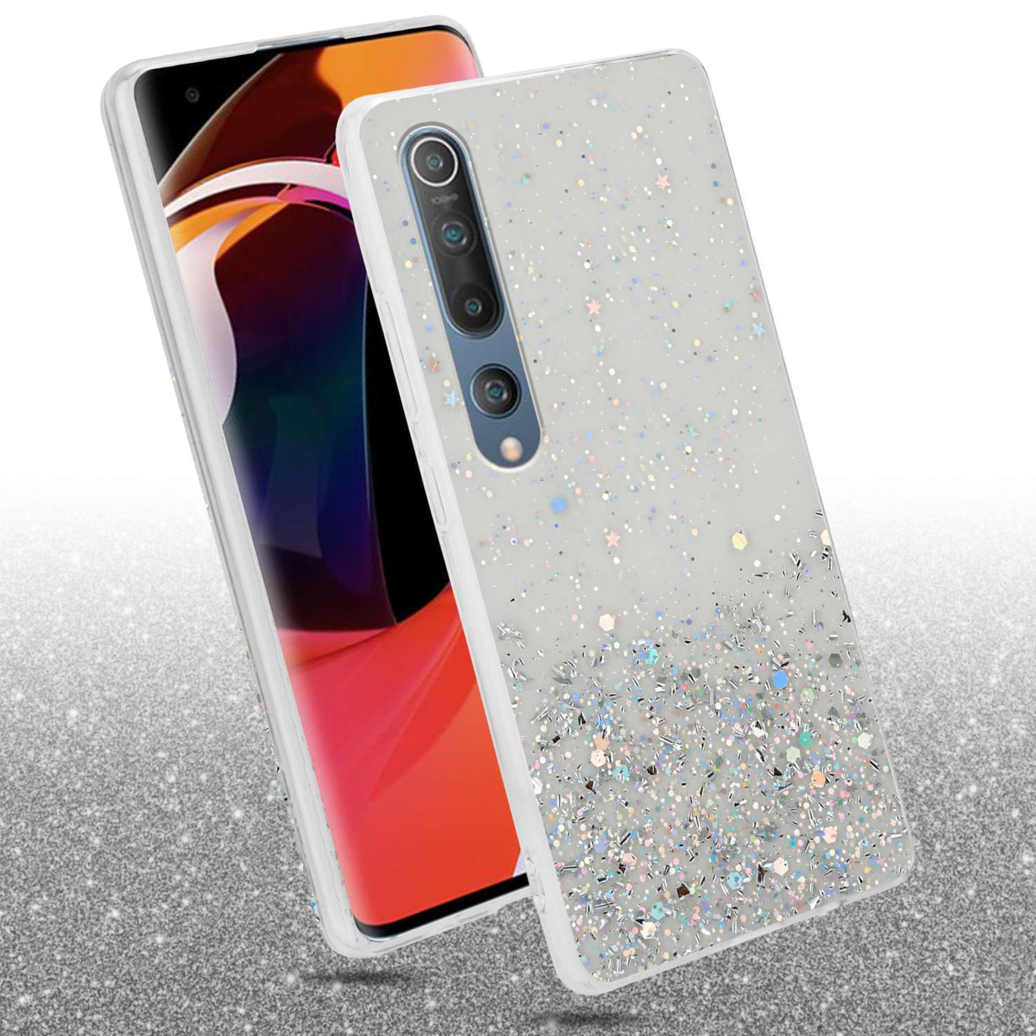 Custodia per telefono con un design sfumato glitterato. Il telefono è parzialmente visibile.
