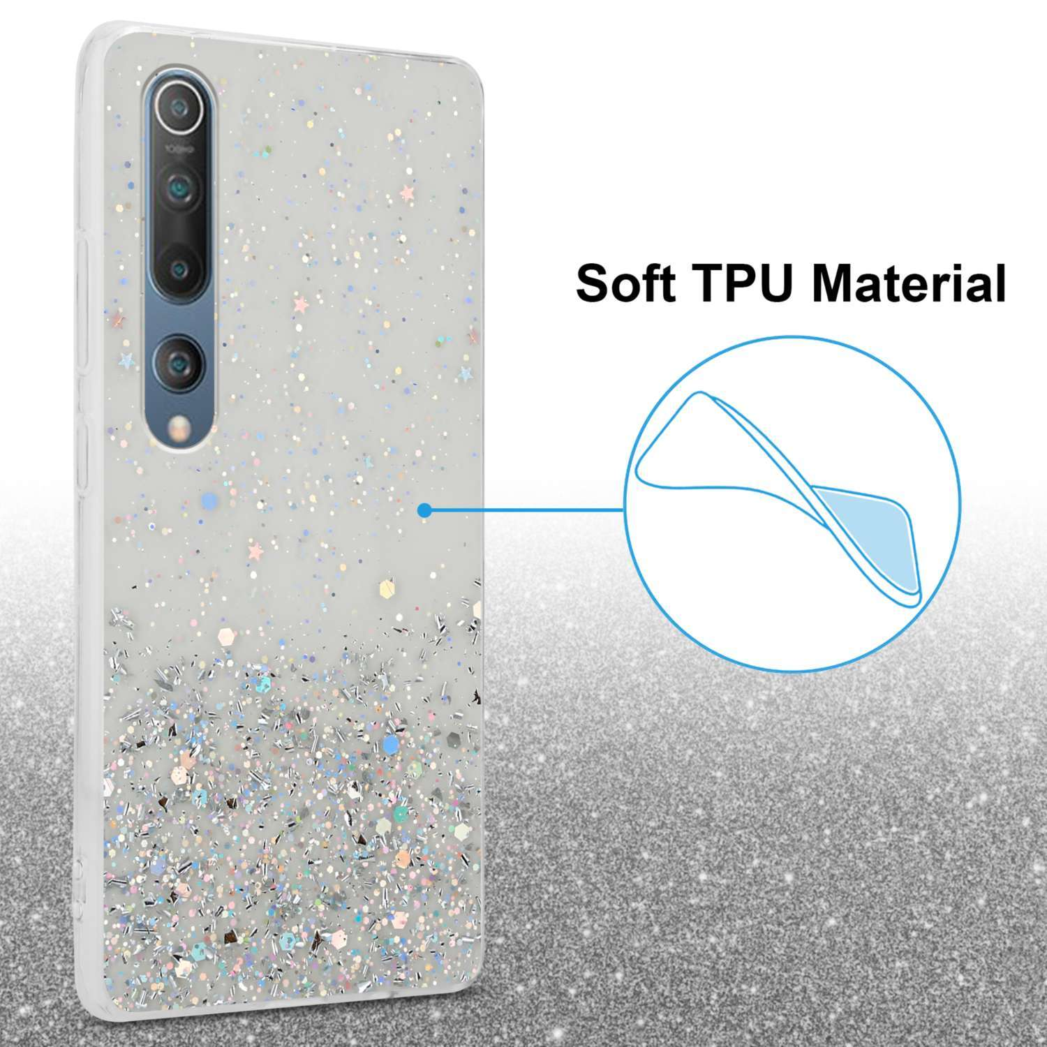 Una custodia per telefono con un design glitterato. La custodia è su un telefono. C'è scritto Soft TPU Material.