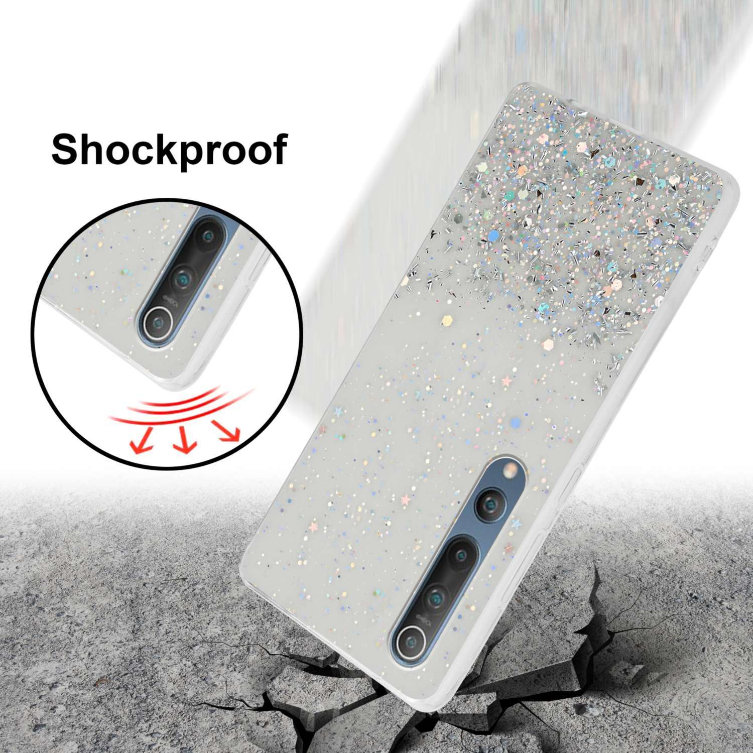 Custodia per telefono con glitter e testo antiurto. Un telefono è mostrato.
