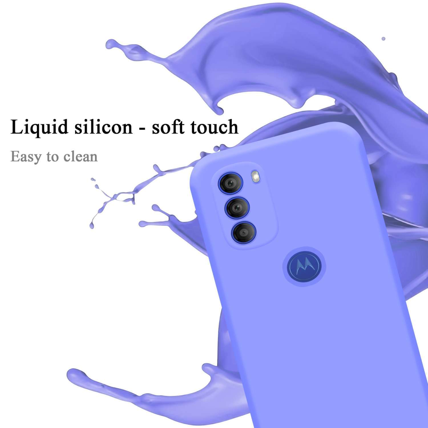 Custodia viola, telefono con fotocamere, schizzo di liquido, testo.